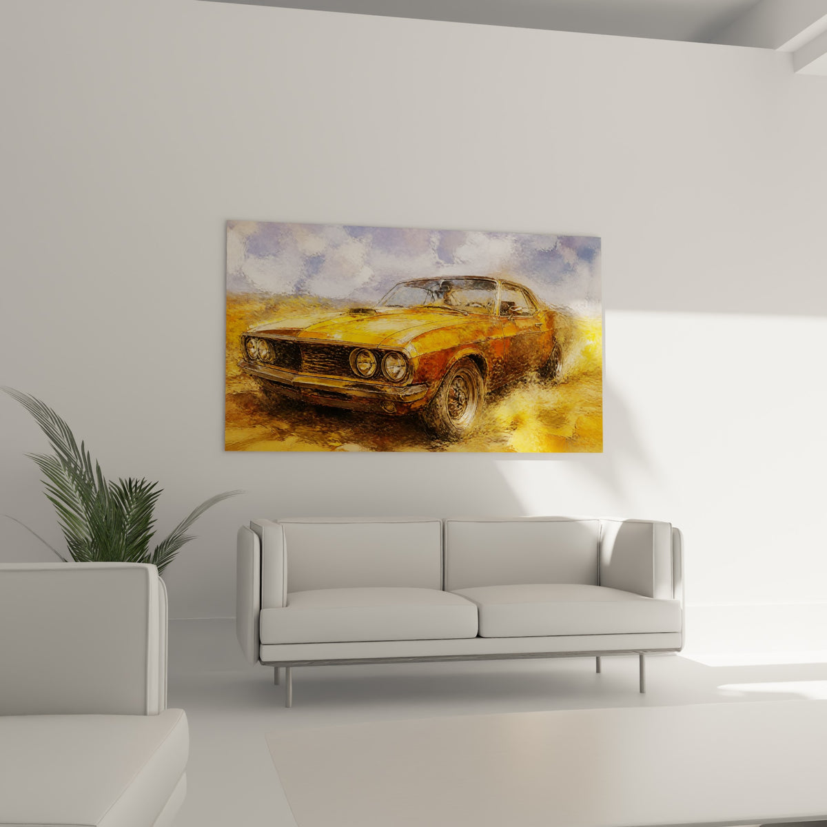 Automobile ancienne fauve et bleu ciel au-dessus d'un canapé dans un salon lumineux
