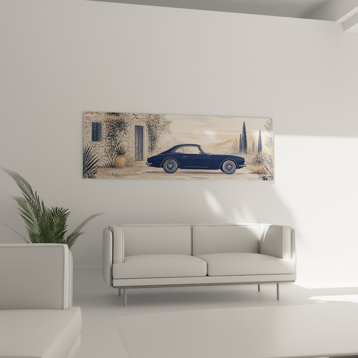Automobile rétro bleu nuit et sable accrochée au-dessus d'un canapé dans un salon lumineux