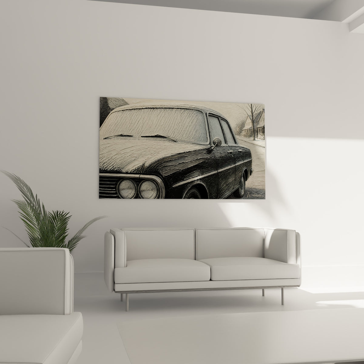 Automobile rétro grise et noire sous givre épais, au-dessus d'un canapé dans un salon lumineux