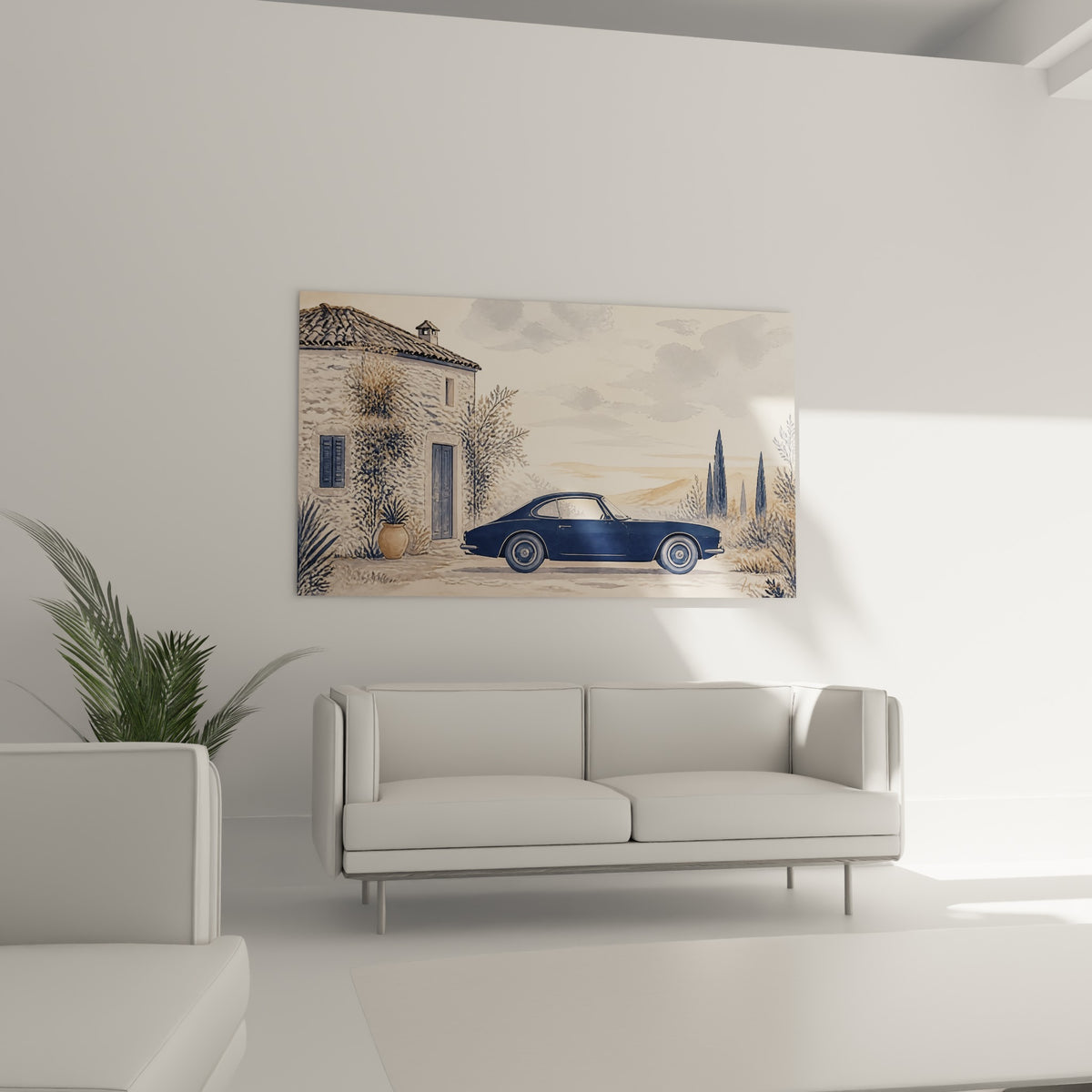 Automobile ancienne bleu marine et façade sable, au-dessus d'un canapé dans un salon lumineux