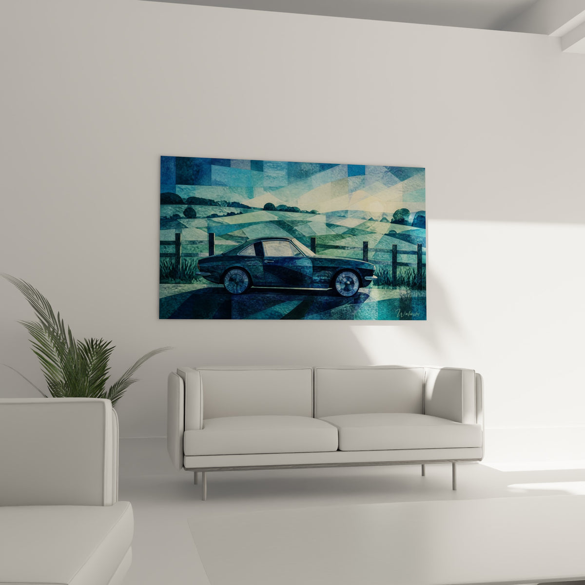Automobile turquoise et ocre au coucher de soleil placée au-dessus d'un canapé dans un salon lumineux