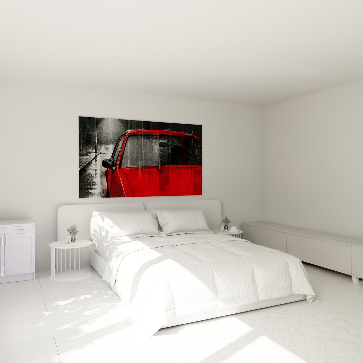 Carrosserie rouge vif et reflets gris anthracite de cette voiture au-dessus d'un lit dans une chambre claire