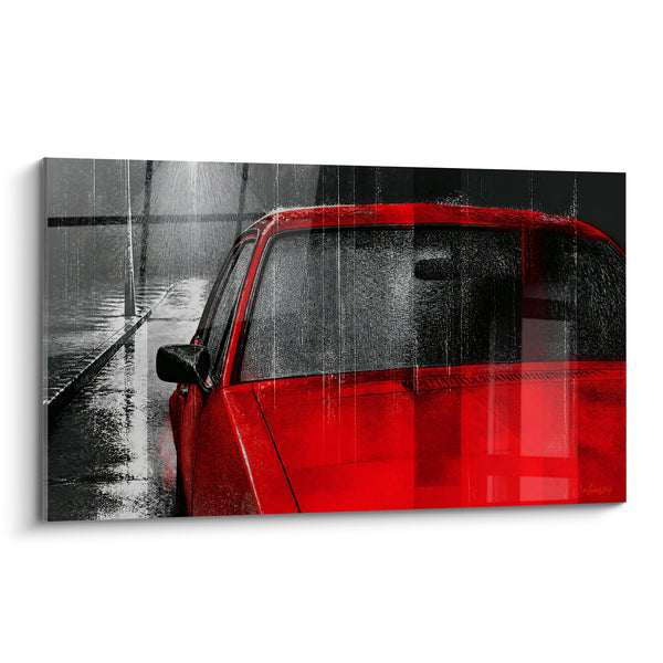 Tableau Rouge et gris sous la pluie - Averse nocturne - Edition voiture