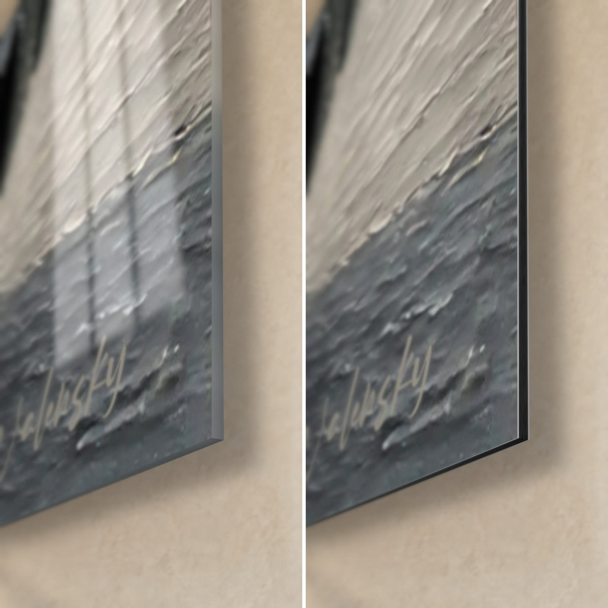 Wall art of a black snowy limousine, bottom right corner: glossy acrylic glass on the left, matte grey Dibond on the right, 3 mm edge