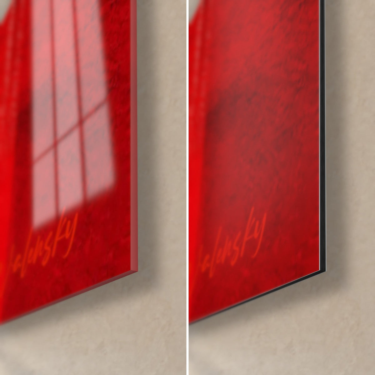 Wall art of a red car, lower right corner: glossy acrylic glass on the left, matte black Dibond aluminium on the right, Walensky signature