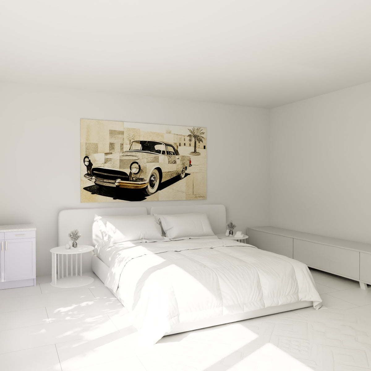 Voiture vintage sable et anthracite accrochée au-dessus d'un lit dans une chambre claire