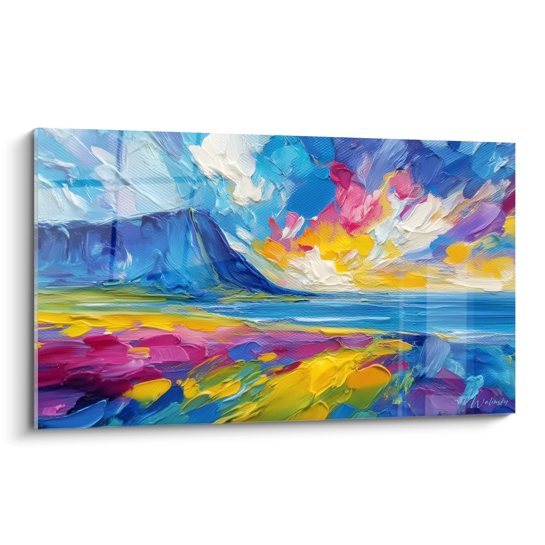 Tableau volcan arc-en-ciel avec éruption colorée, peinture moderne aux couleurs vives