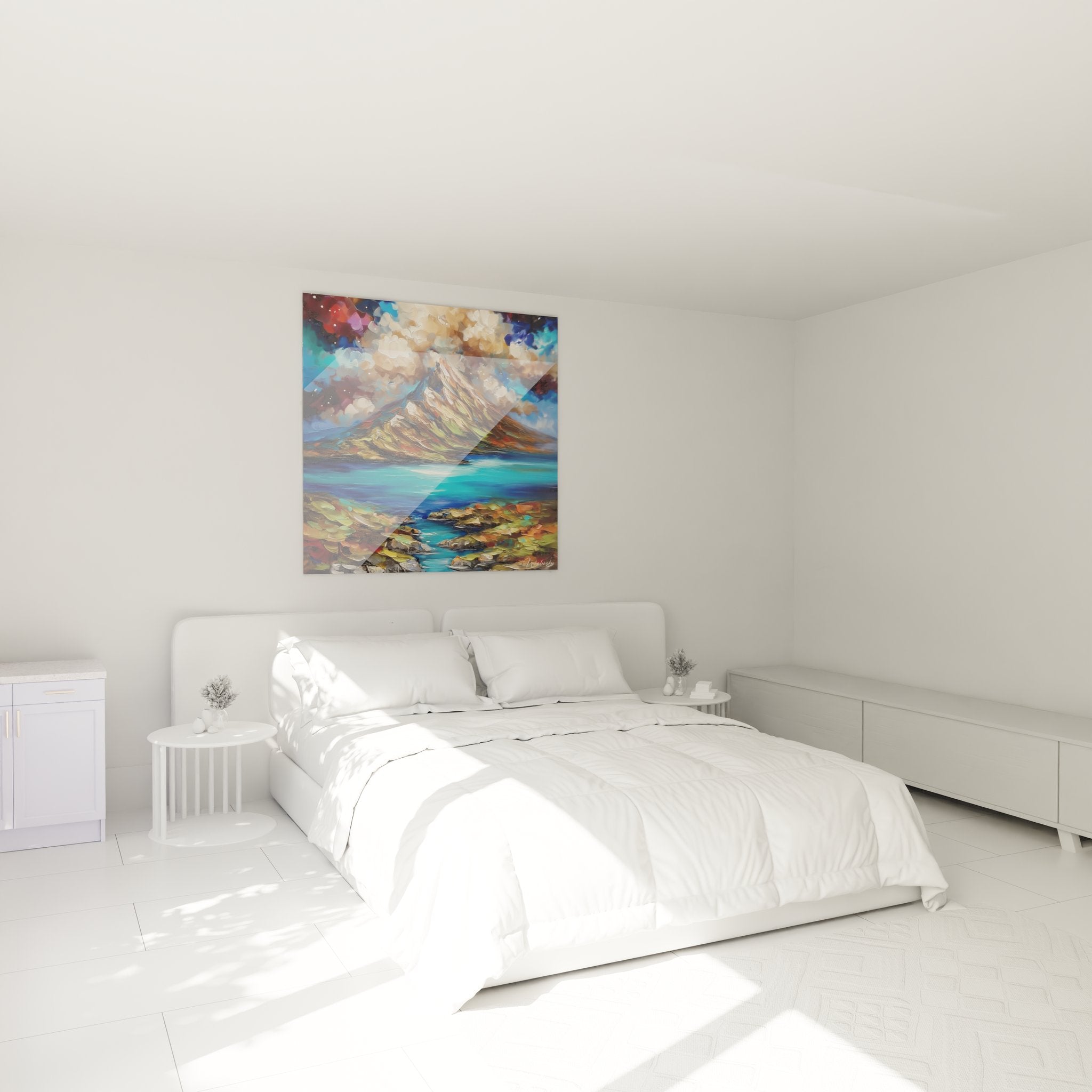 Tableau volcanique dans chambre moderne - décoration murale montagne cosmique ambiance apaisante