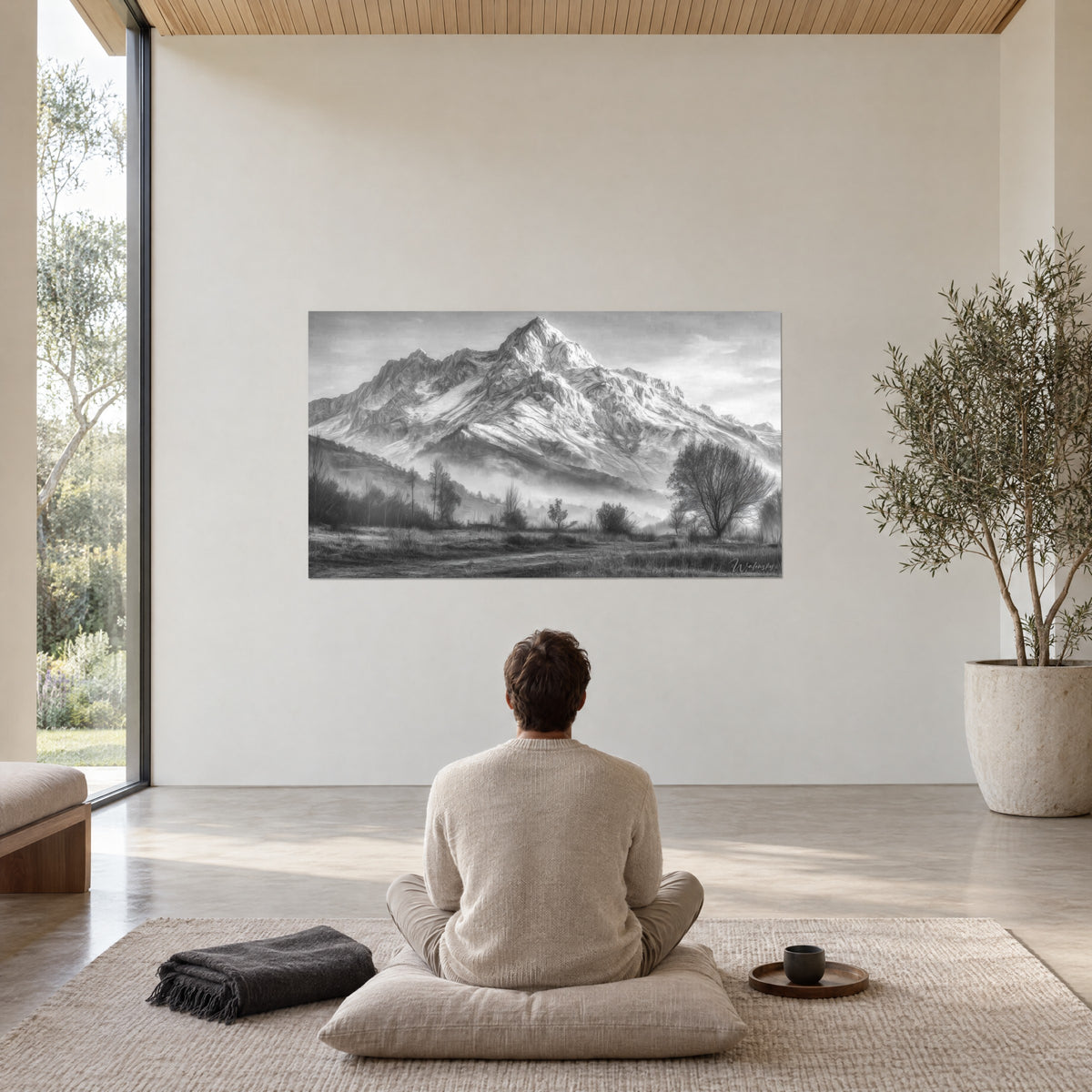 Schilderij besneeuwd rotsmassief in grijs- en witnuances, mist in het dal, een man van achteren zittend in meditatie op een crèmekleurig kussen