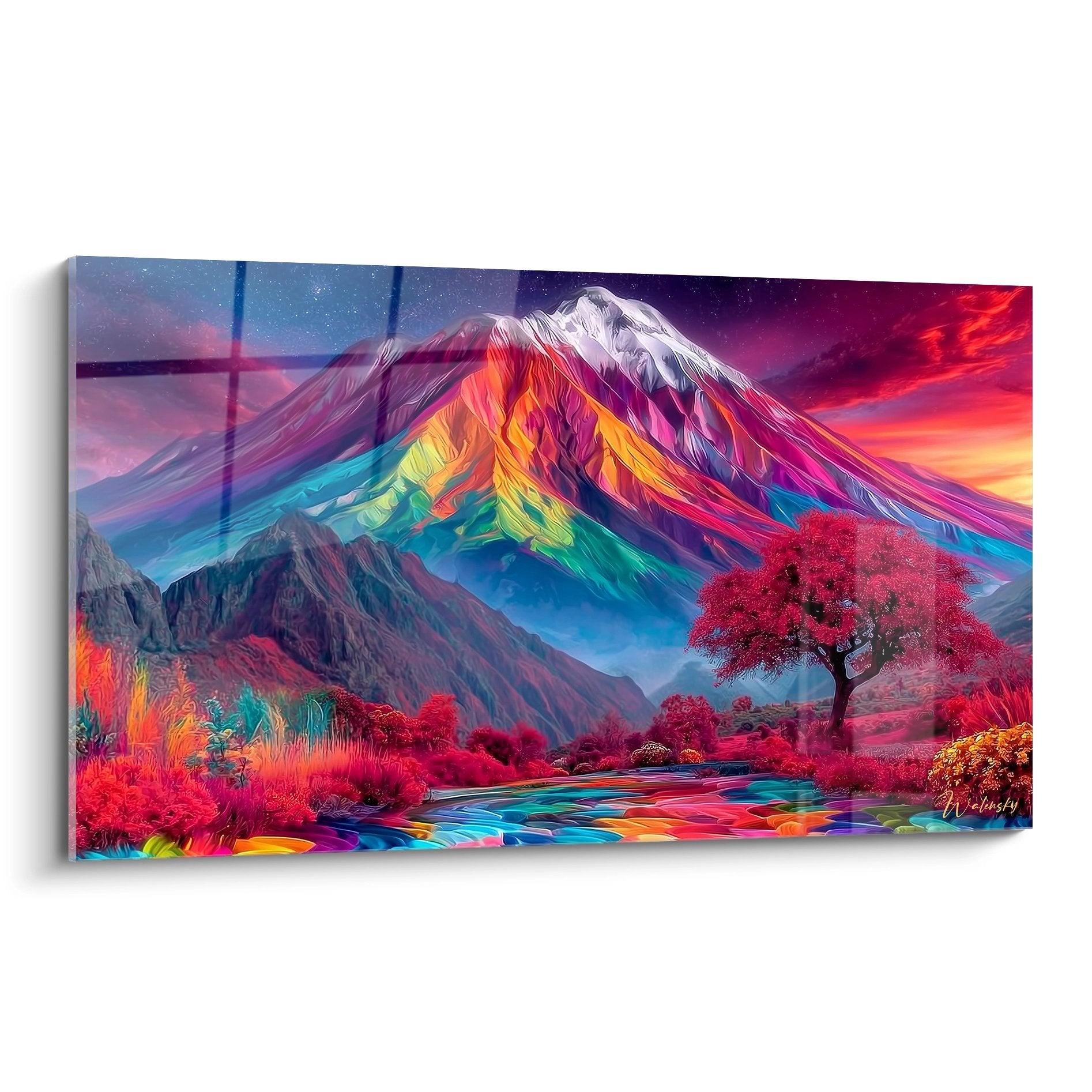 Tableau volcan coloré surréaliste avec montagne multicolore et paysage fantastique aux tons vifs