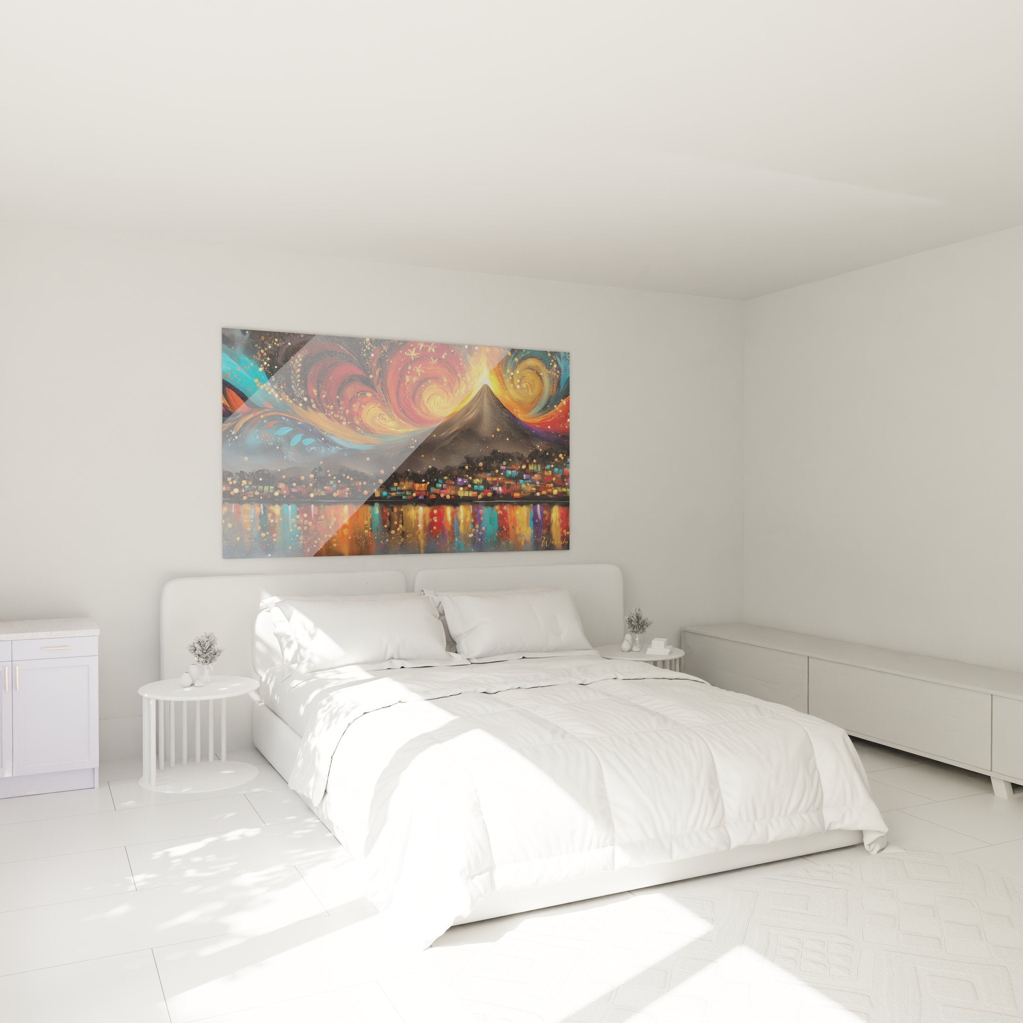 Tableau volcan éruption cosmique décorant une chambre moderne avec ambiance chaleureuse