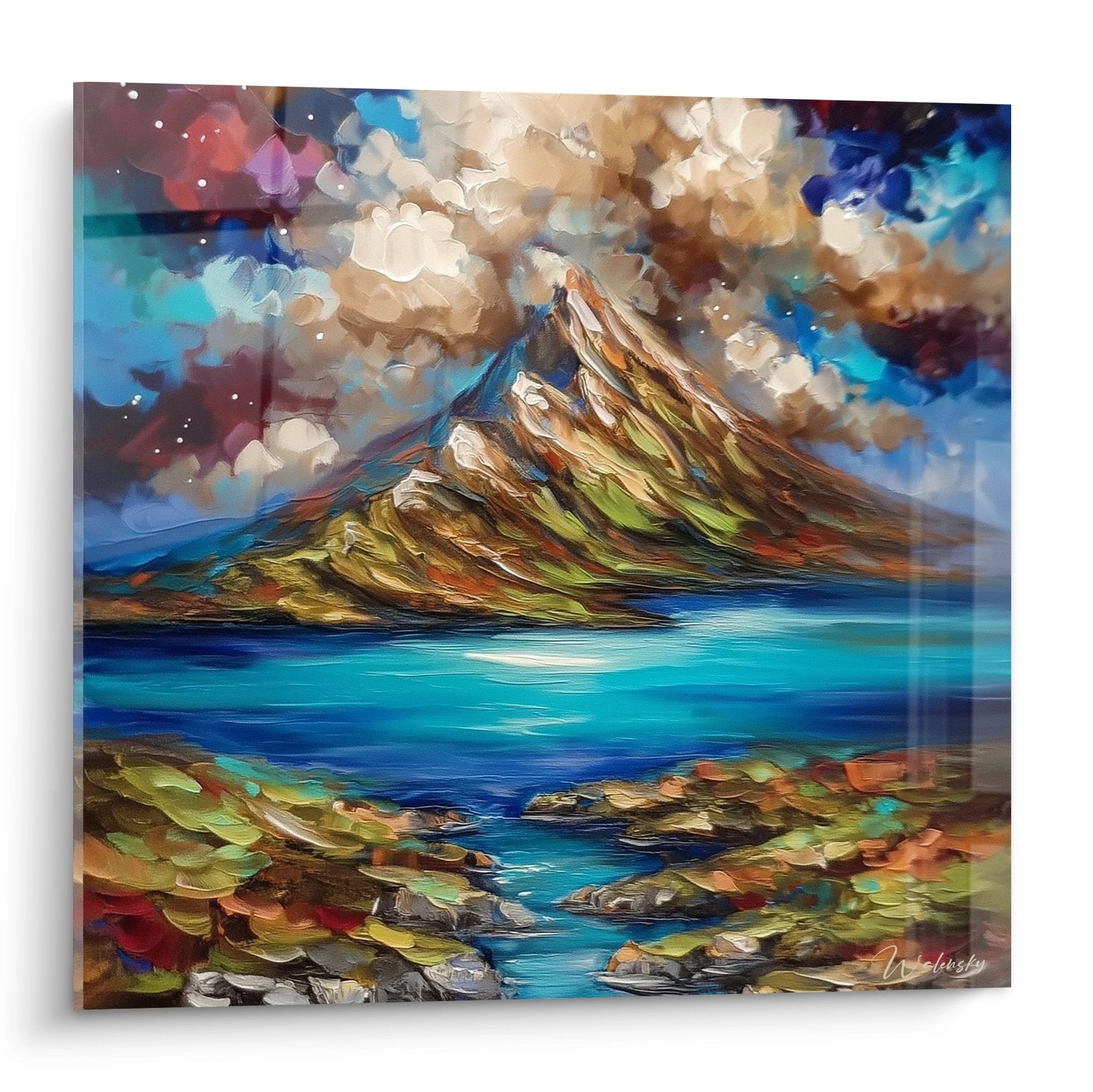 Tableau volcan cosmique avec montagne et lac turquoise aux couleurs vibrantes - art mural moderne