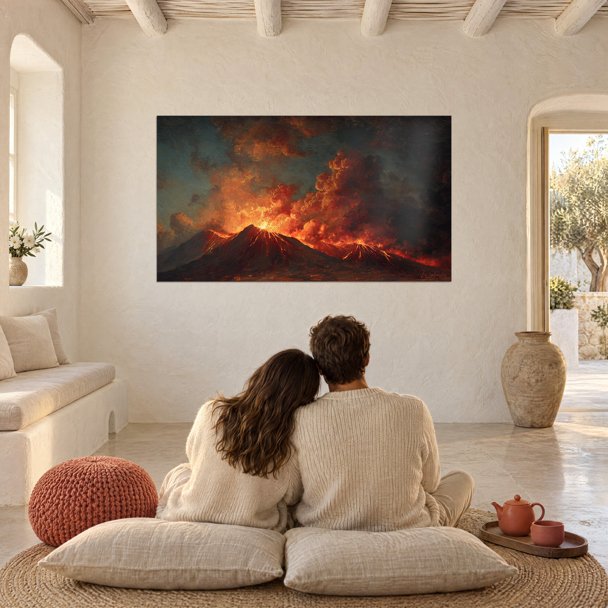Πίνακας αποκαλυπτικού τοπίου, φλόγες κόκκινες-πορτοκαλί κάτω από γκρι-μπλε ουρανό, ζευγάρι από πίσω καθισμένο σε μαξιλάρια σε σαλόνι