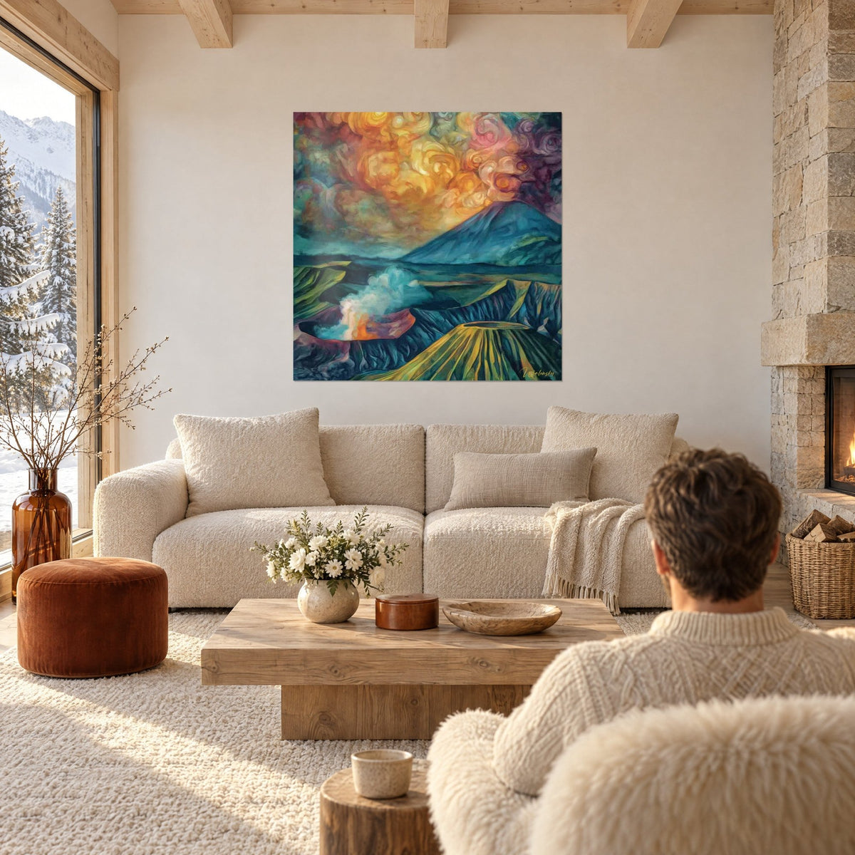 Gemälde Vulkanausbruch, orangefarbene und rosa Wolken in Spiralen auf blauem Kegel, über dem Sofa in einem hellen Wohnzimmer