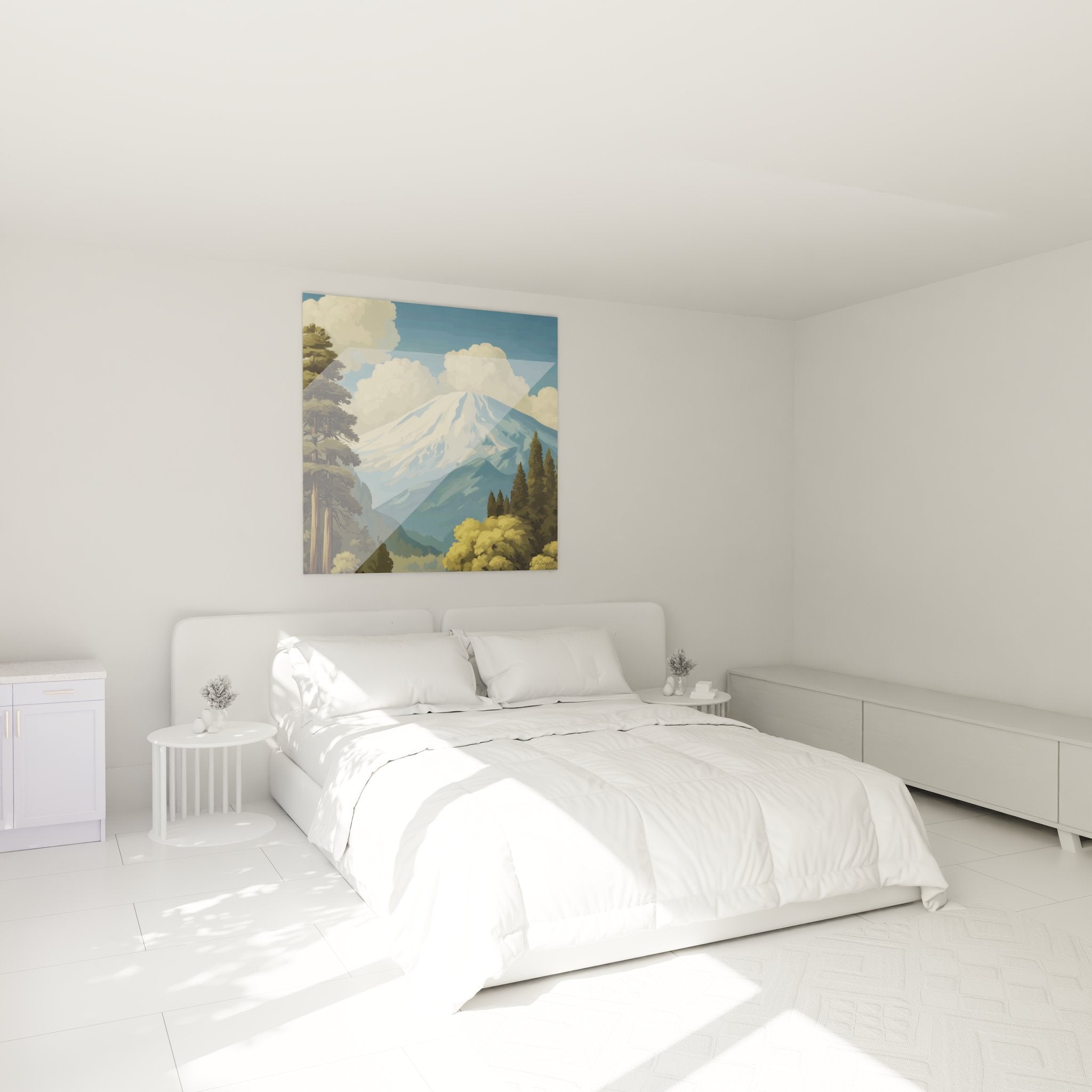 Tableau volcan enneigé dans chambre moderne, décoration murale paysage montagne volcanique
