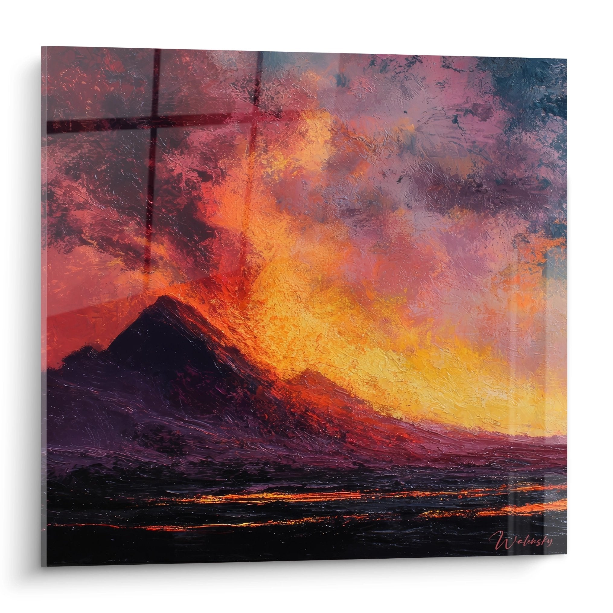 Tableau mural volcan en éruption avec ciel embrasé aux couleurs flamboyantes rouge orange