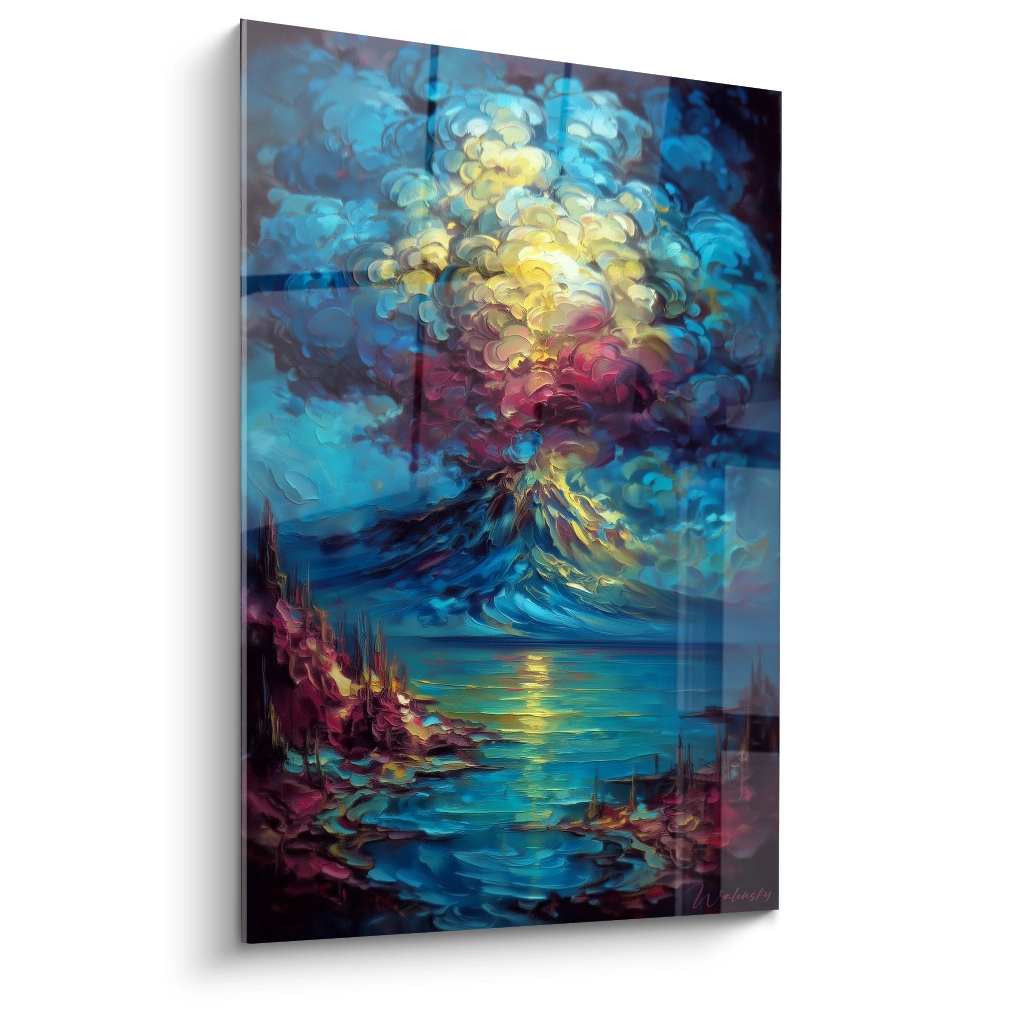 Tableau mural volcan en éruption avec explosion colorée et reflets dorés sur l'eau