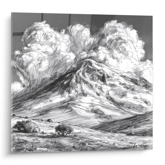 Quadro murale vulcano in eruzione stile schizzo in bianco e nero con nuvole di cenere drammatiche