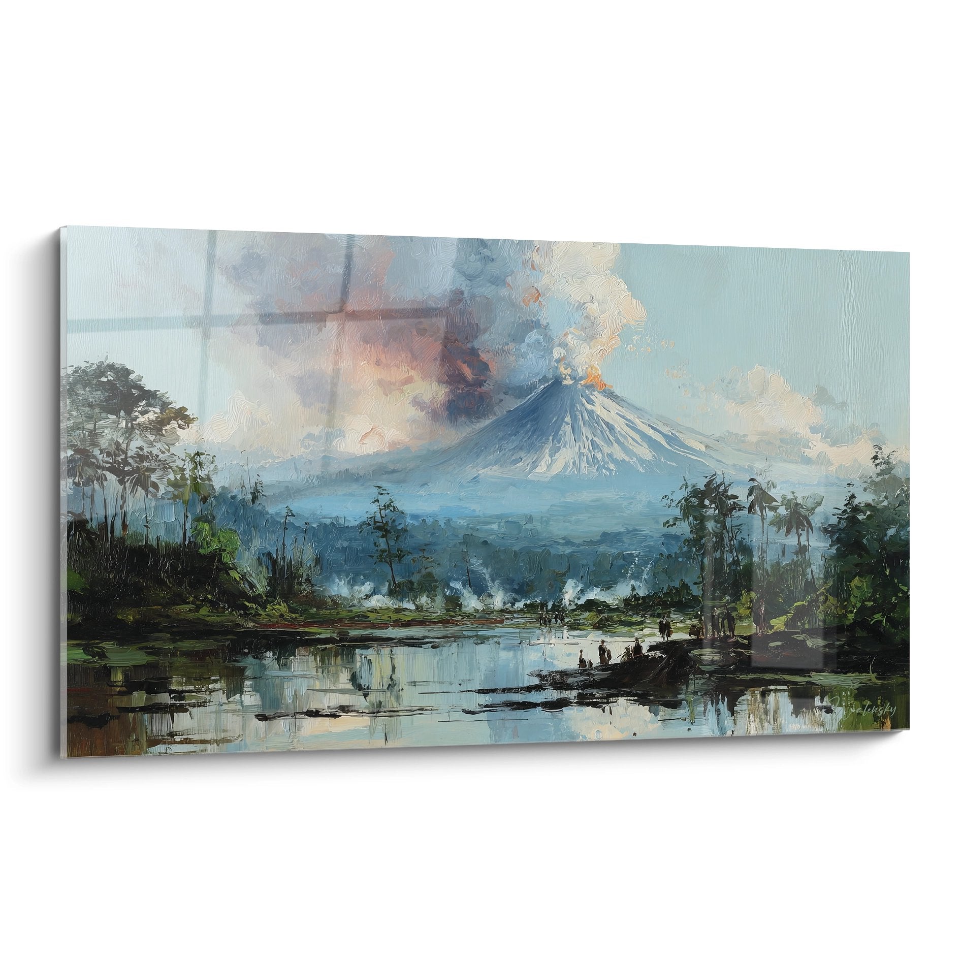Tableau volcan en éruption tropical avec lac et palmiers art mural nature décoration volcanique