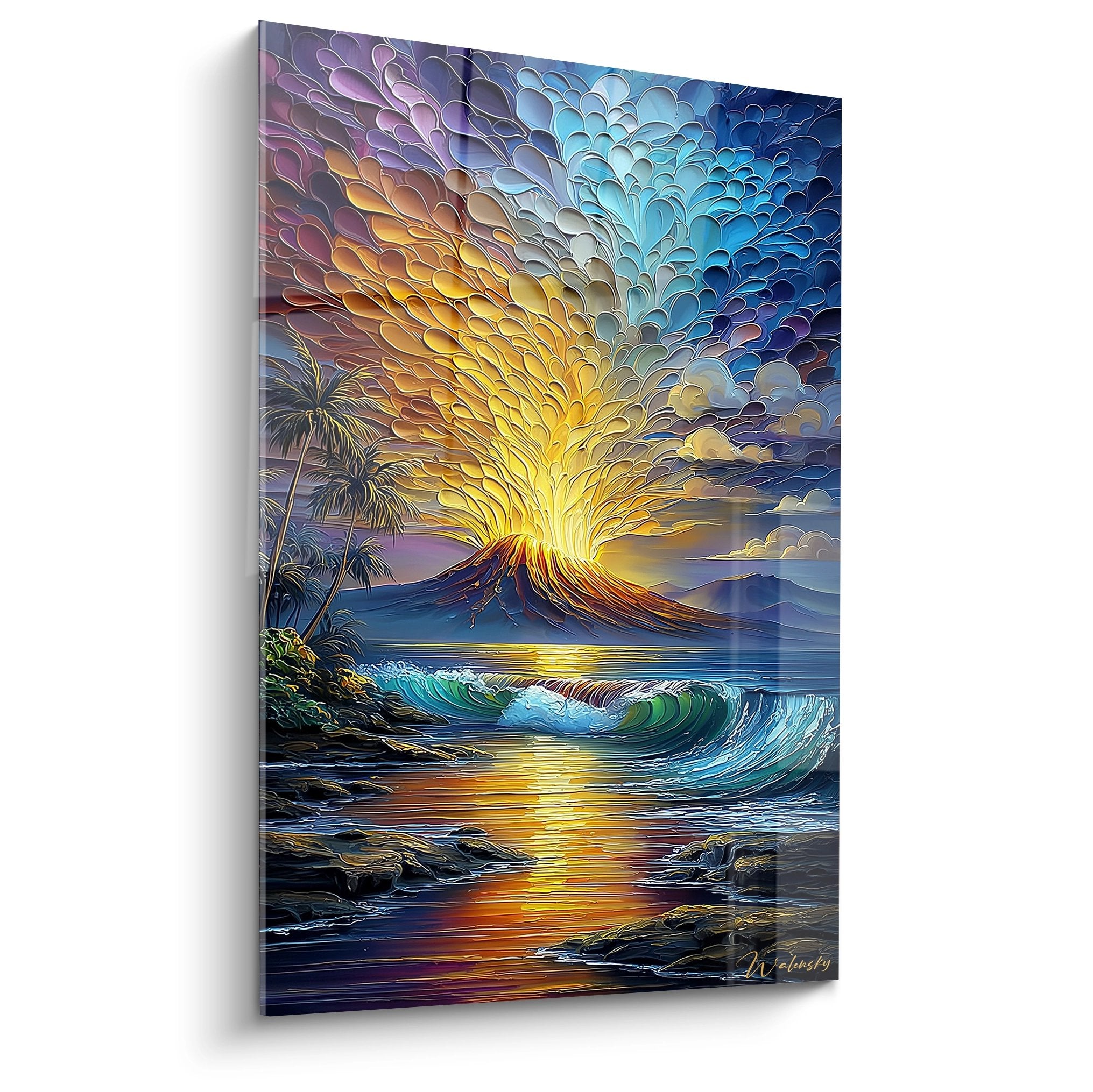 Tableau mural volcan tropical en éruption avec palmiers et vagues océaniques aux couleurs éclatantes