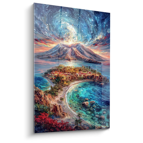 Vulkanlandschaftsgemälde mit tropischer Insel - Kosmische Eruption - Vulkan-Edition