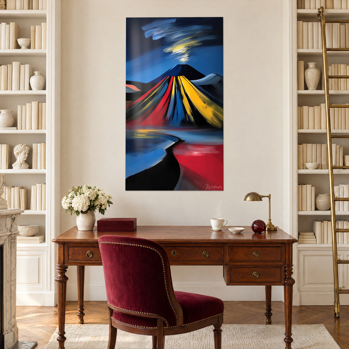 Wall art lava flows painted in golden yellow and vivid red on a sea-blue ground, between two bookcases in a study