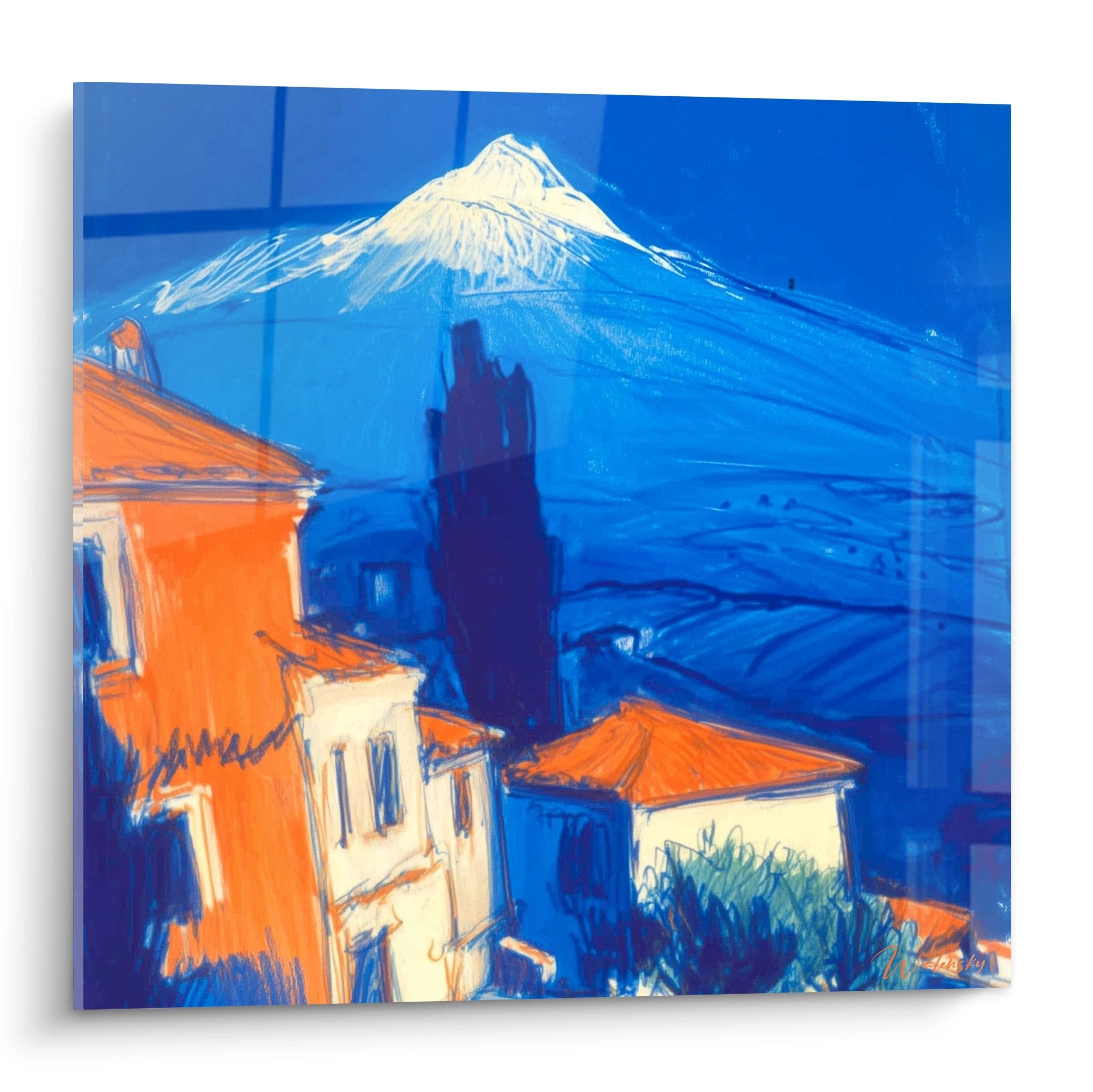 Tableau volcanique méditerranéen tons bleus avec maisons orange et volcan enneigé - art mural moderne