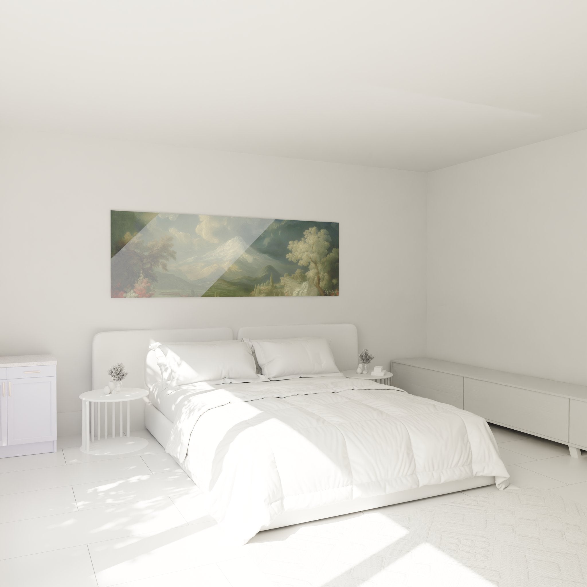 Tableau décoratif montagne volcanique dans ambiance chambre moderne avec éclairage tamisé