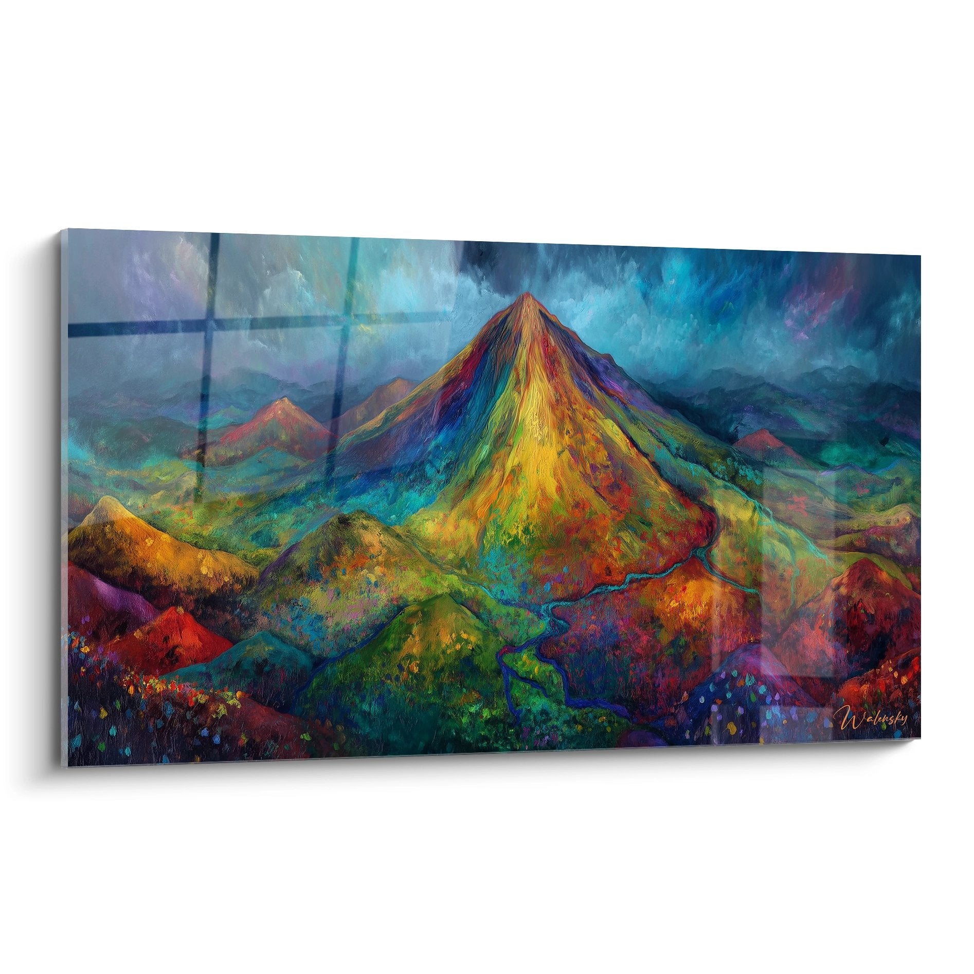 Tableau mural volcan multicolore représentant une montagne volcanique aux teintes vives et flamboyantes