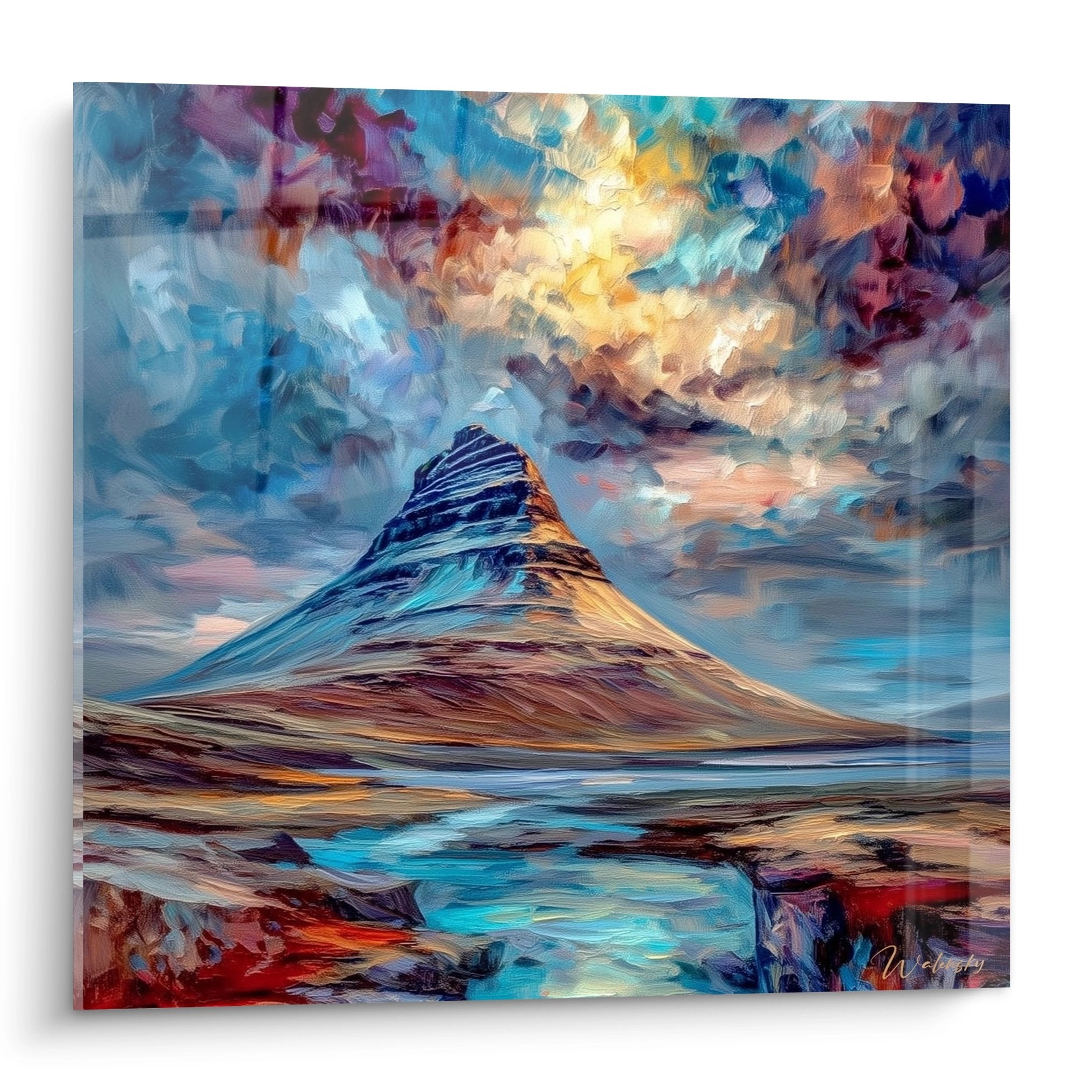 Tableau volcan montagne pyramidale sous aurore volcanique aux couleurs éclatantes
