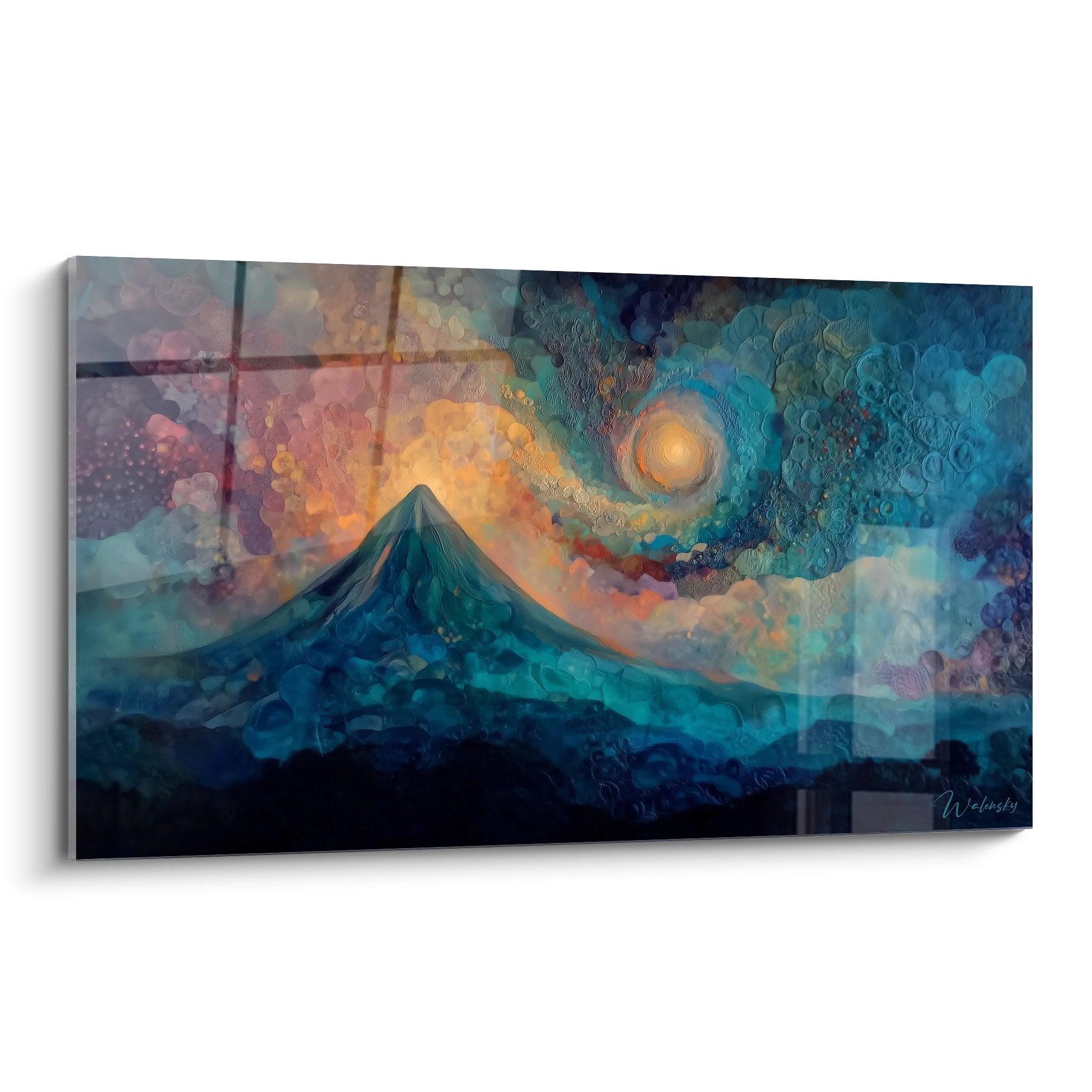 Tableau volcan mystique avec éruption cosmique aux couleurs orange et bleues