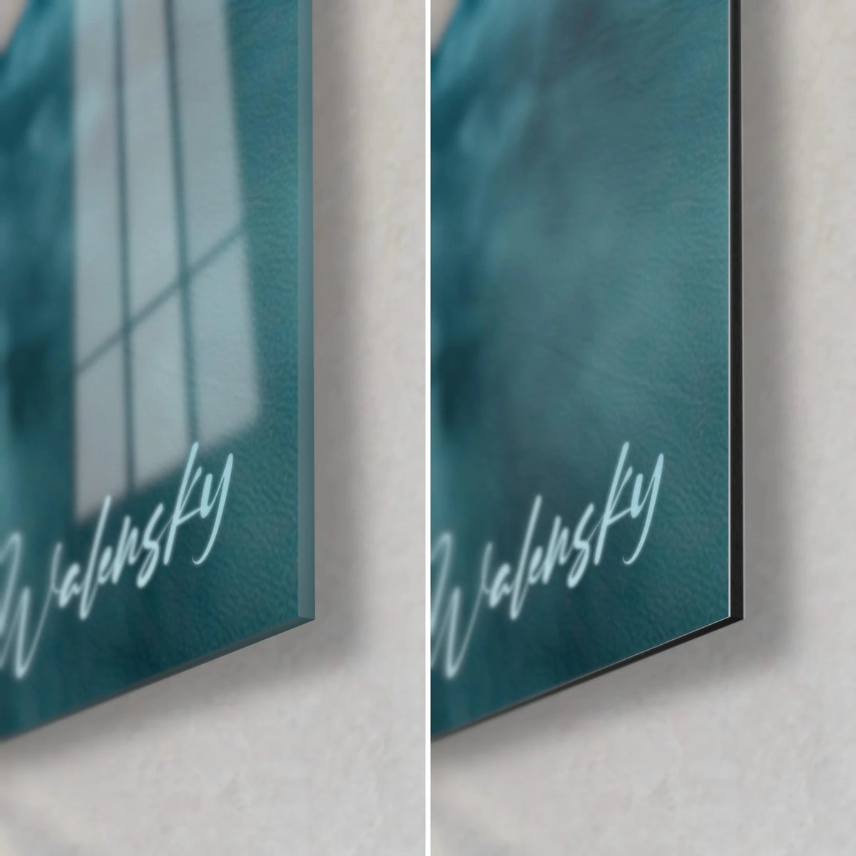 Wall art volcanic eruption, bottom right corner: glossy petrol blue glass on the left, matte grey Dibond on the right, 3 mm edge