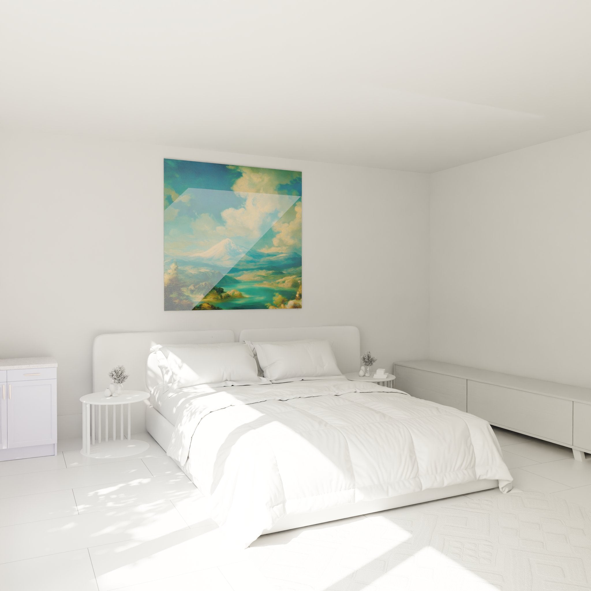 Ambiance chambre avec tableau volcan paysage montagneux turquoise décoration murale volcanique