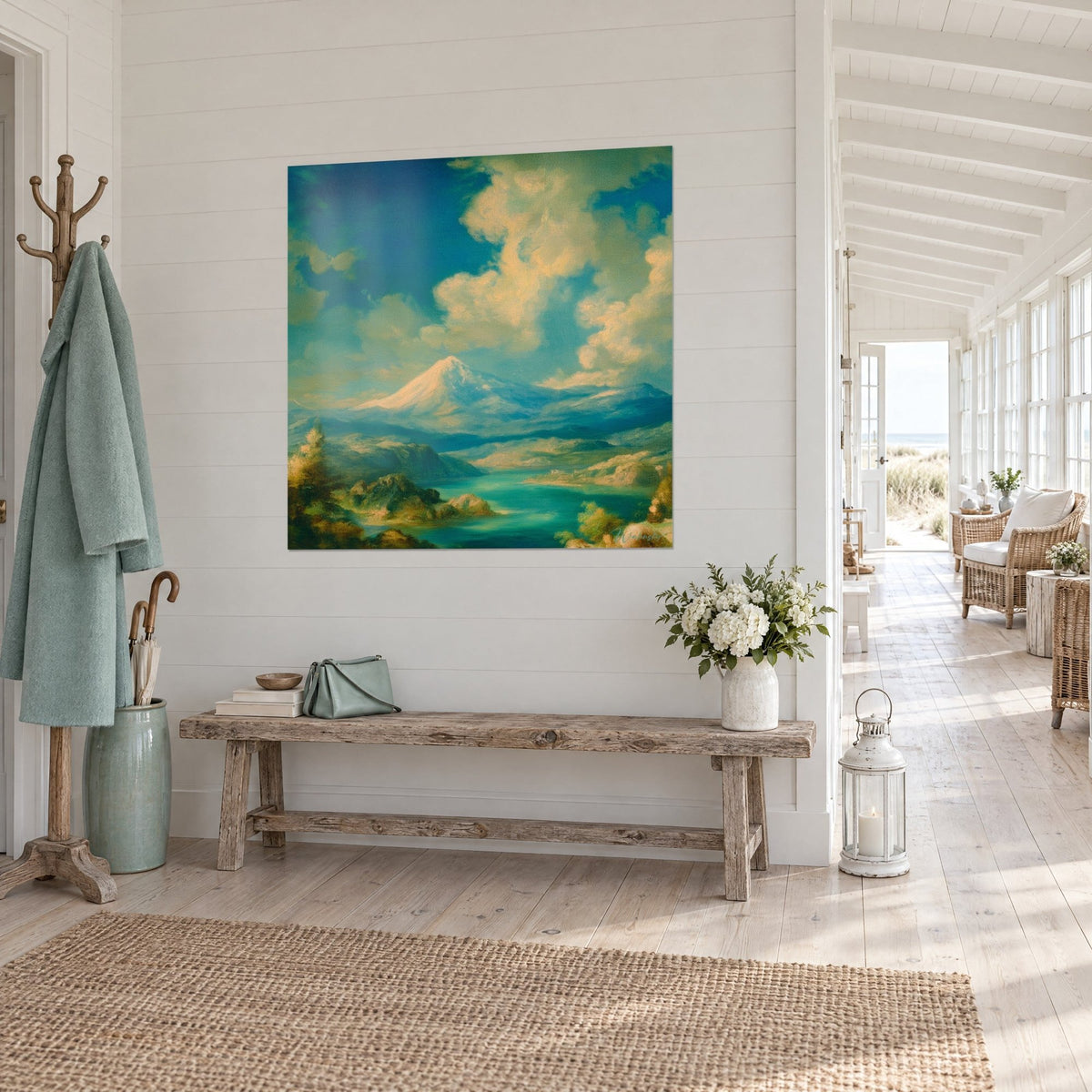 Gemälde Weißer Kegel eines Gipfels über einem smaragdgrünen See, tiefblauer Himmel und cremefarbene Wolken, in einem Eingangsbereich eines Hauses am Meer