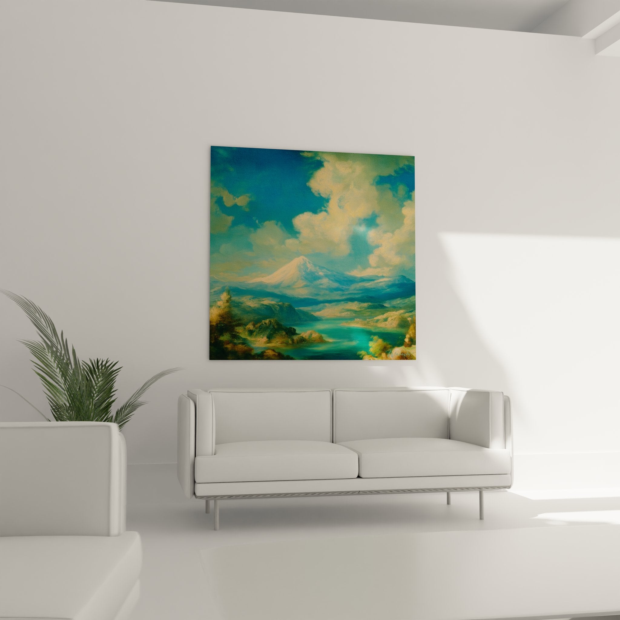 Gros plan tableau volcan détails peinture paysage montagneux turquoise et doré texture artistique