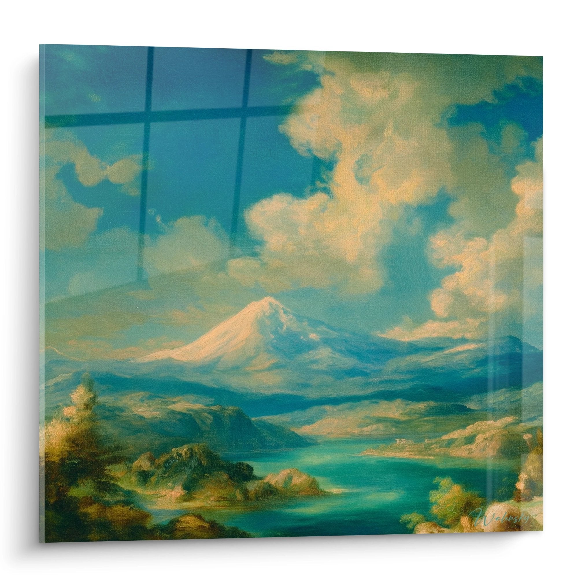 Tableau mural volcan paysage montagneux turquoise et doré style vintage décoration volcanique