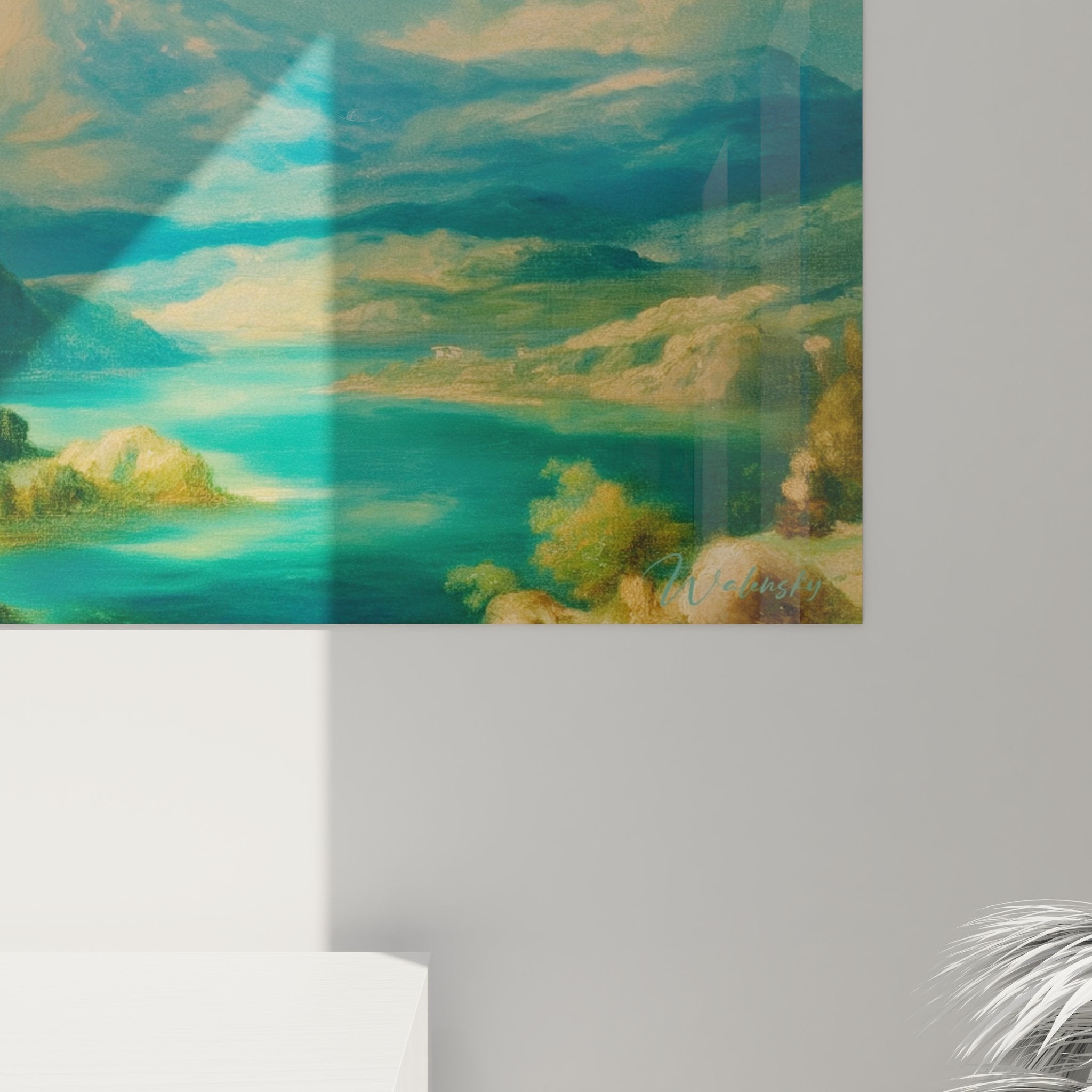 Vue ensemble tableau mural volcan paysage montagneux décoration volcanique turquoise et or