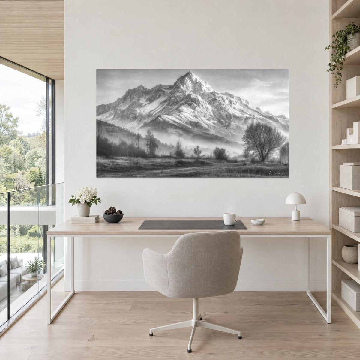 Schilderij alpenweide onder een witte en grijze top, kale bomen op de voorgrond, beige muur, licht bureau, grijsbeige stoel, grote raampartij