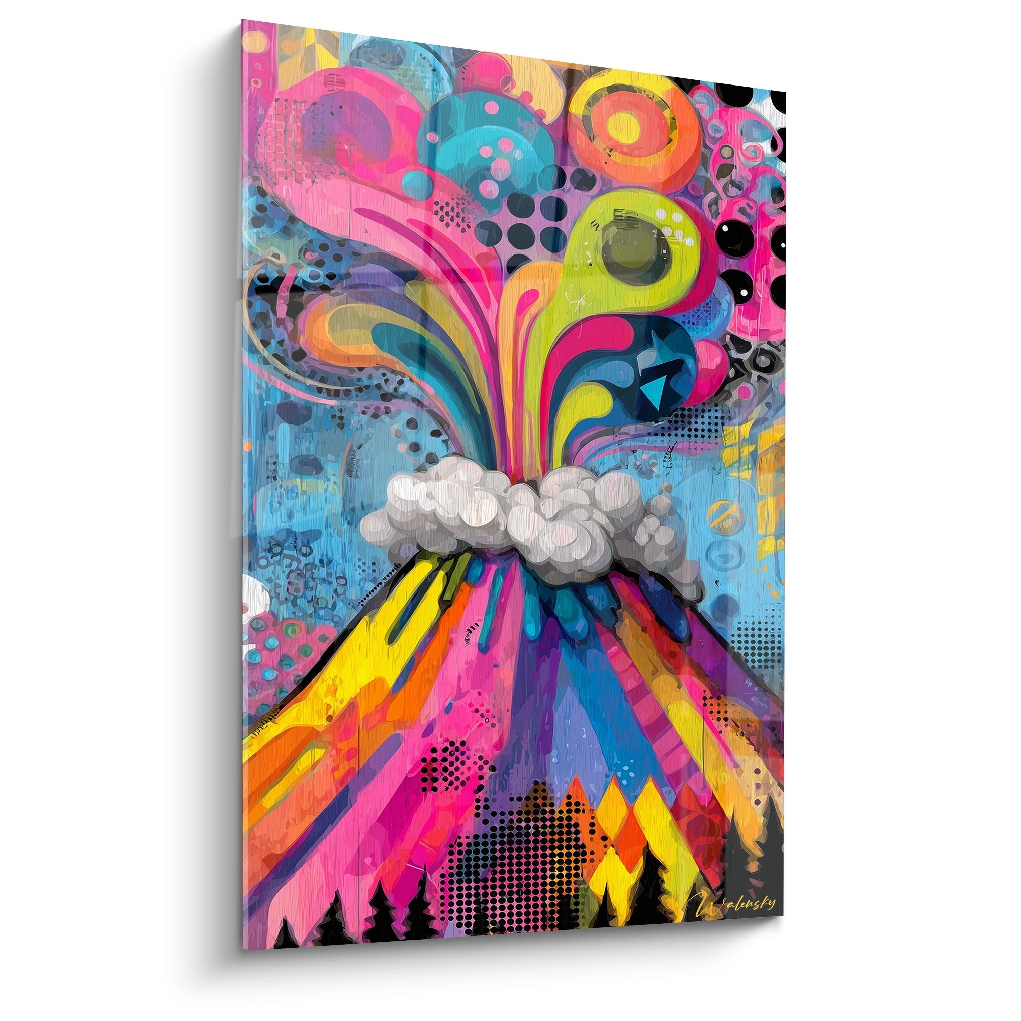 Tableau volcan pop art coloré avec éruption psychédélique aux couleurs vives rose jaune bleu