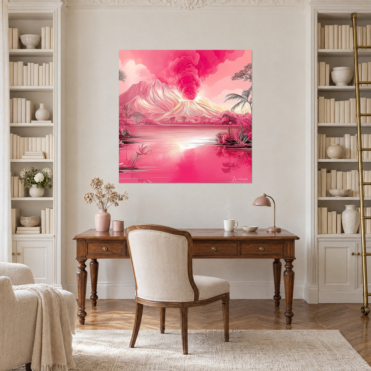 Wall art smoking volcano in a pink and ivory gradient, vivid pink lake and palm trees, between two bookshelves in a bright study