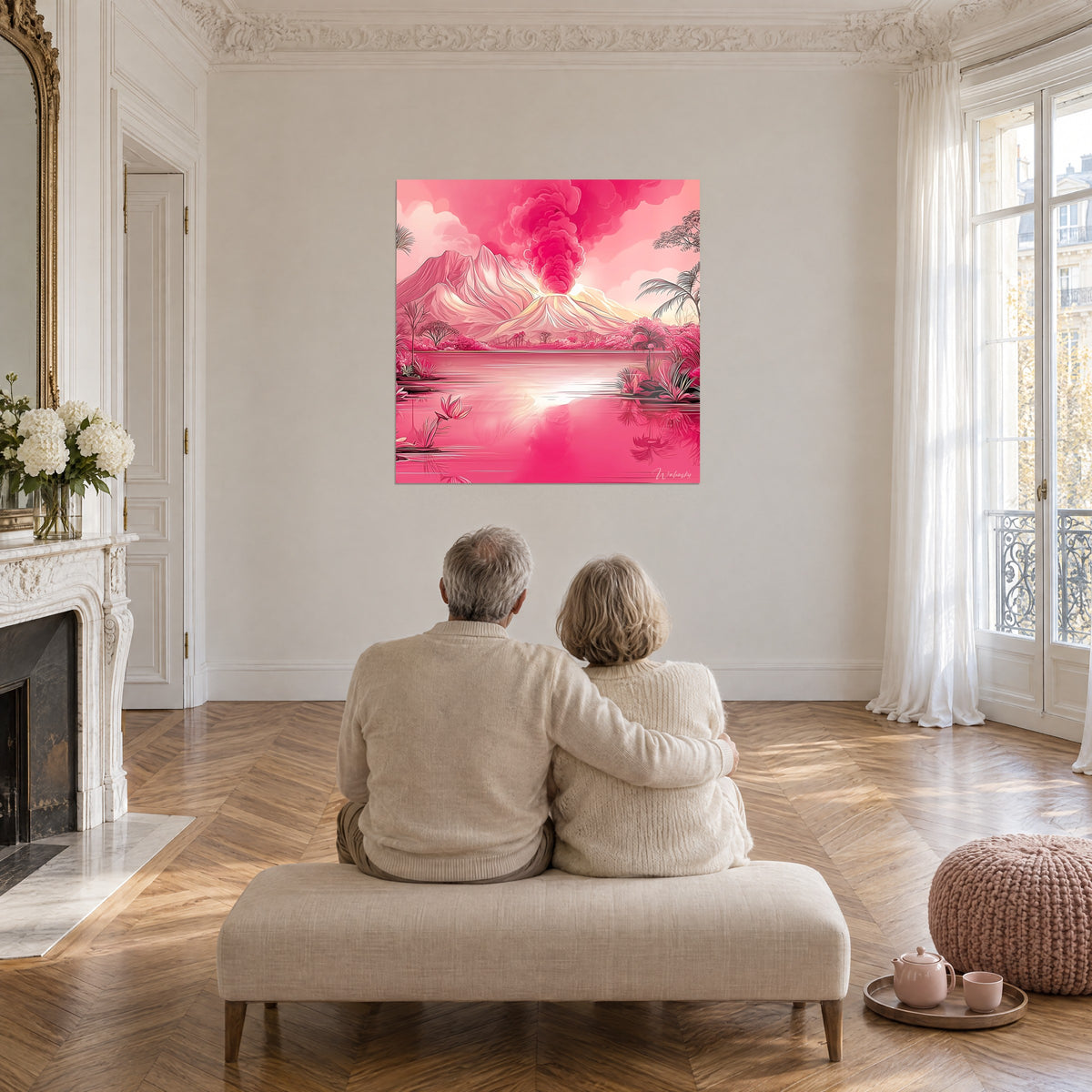 Wall art bubblegum pink volcanic island, golden lava and pearly reflections on the water, facing a couple seen from behind on a bench