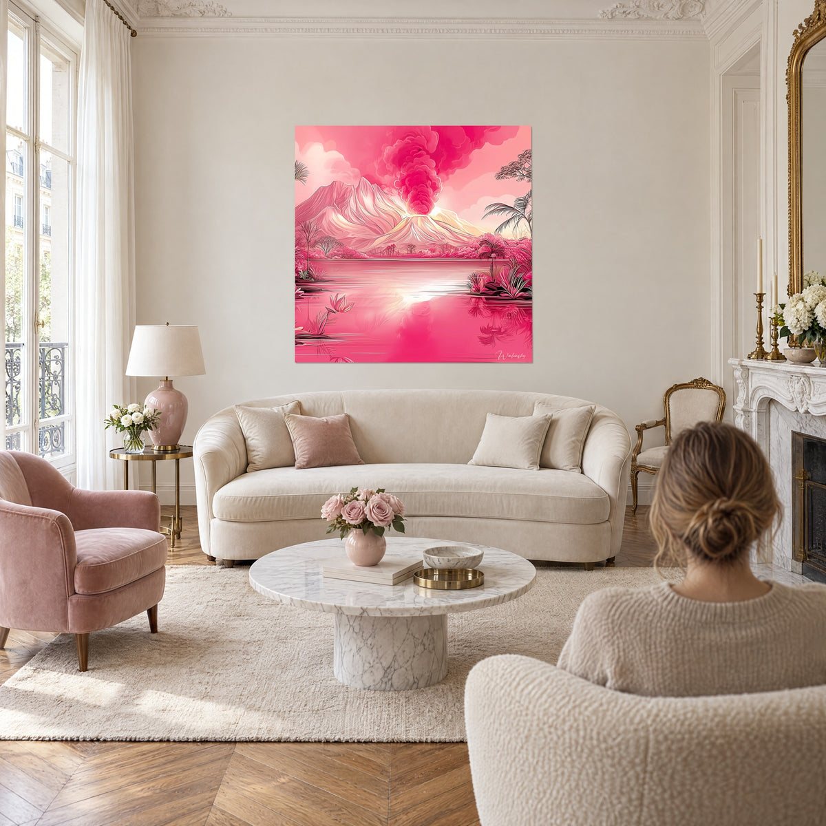 Wall art erupting volcano, fuchsia plume over a powdery pink lake, above a sofa in a bright living room