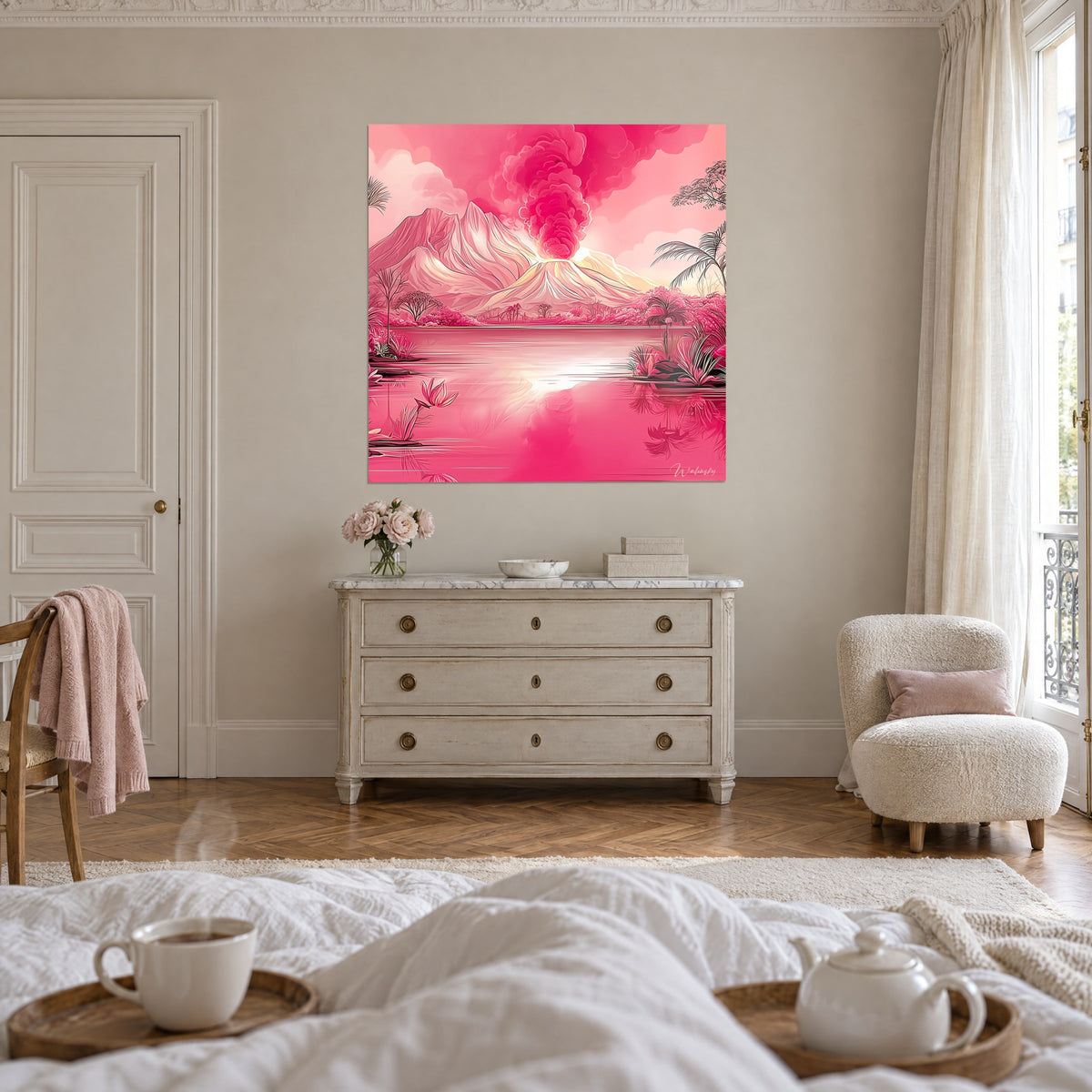 Wall art erupting mountain, fuchsia smoke and pink clouds, facing an antique chest of drawers, above a bed in a bright bedroom