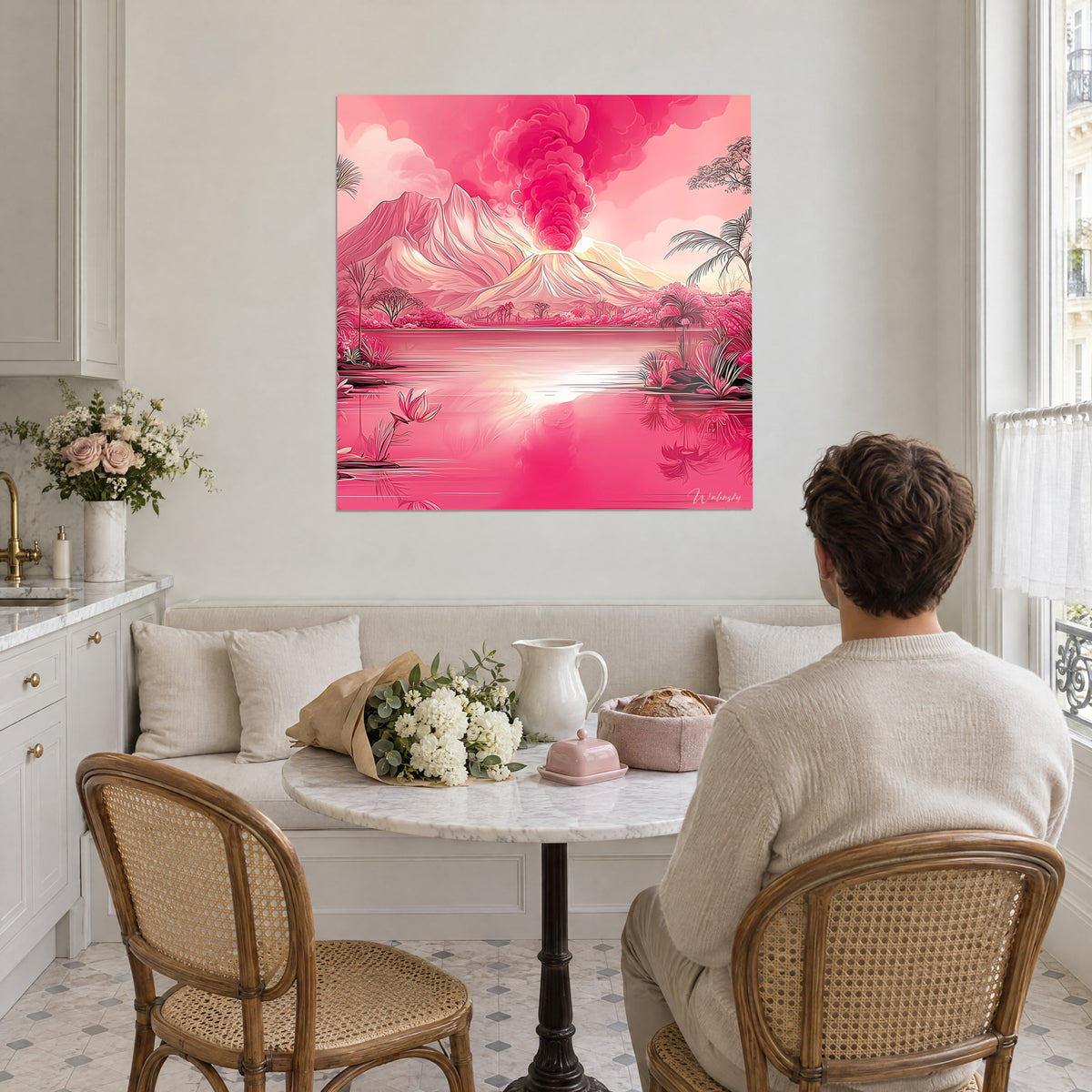 Wall art tropical eruption, black palms and pink lotus flowers on a mirror lake, facing a man seated at a table from behind