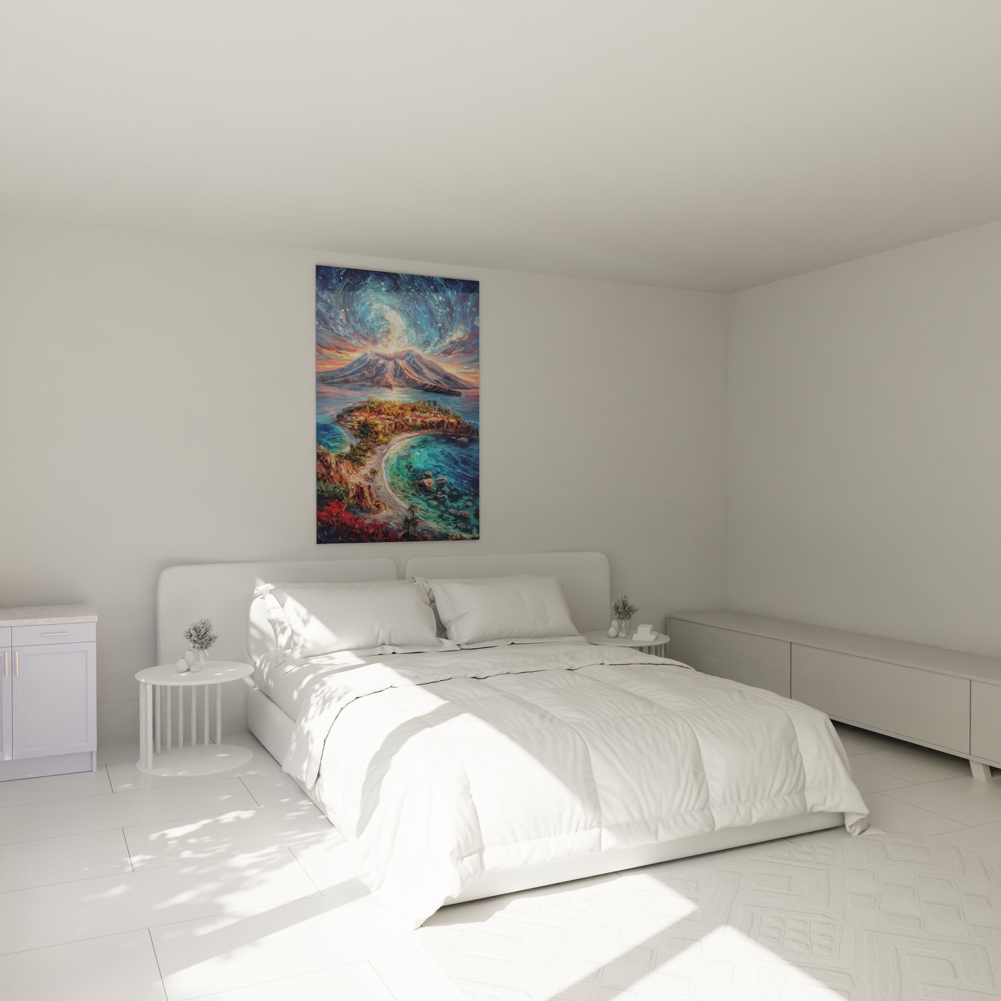 Tableau volcan tropical dans chambre moderne, décoration murale paysage volcanique