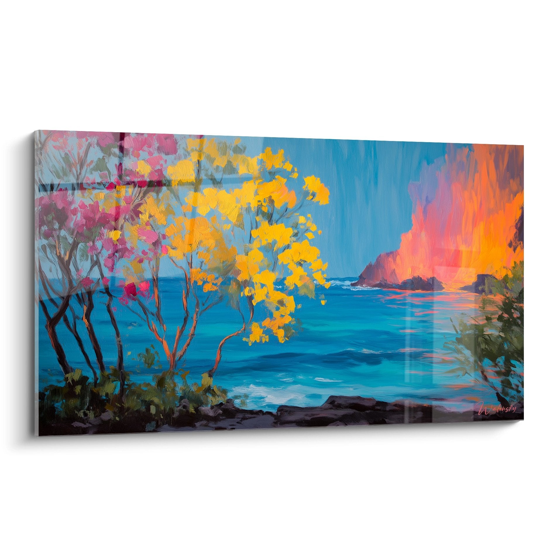 Tableau mural volcan tropical avec éruption colorée et paysage paradisiaque aux tons vibrants