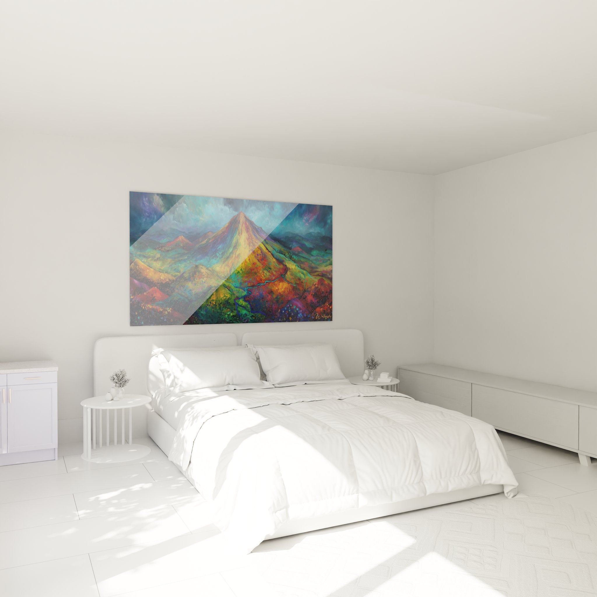 Ambiance chambre avec tableau volcanique coloré créant une décoration murale moderne et vibrante