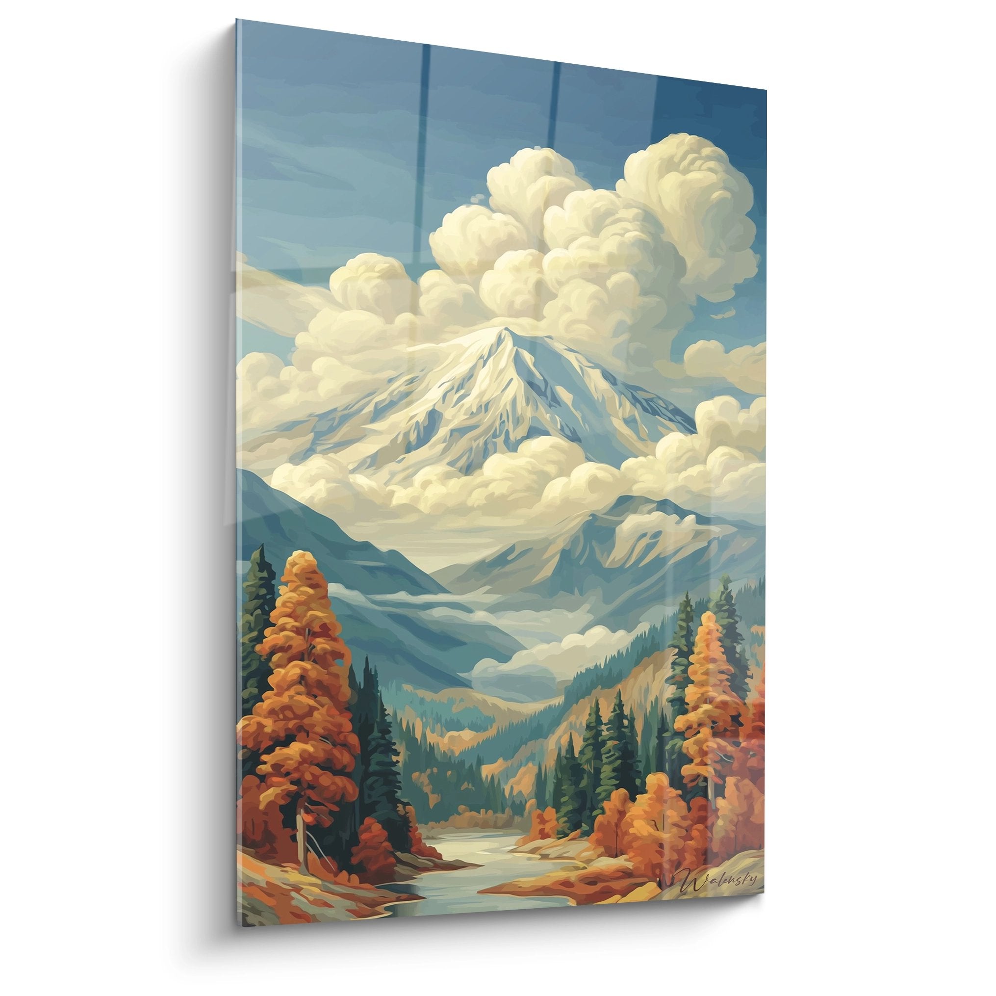 Tableau mural volcanique mont enneigé éruption paysage automnal rivière arbres dorés