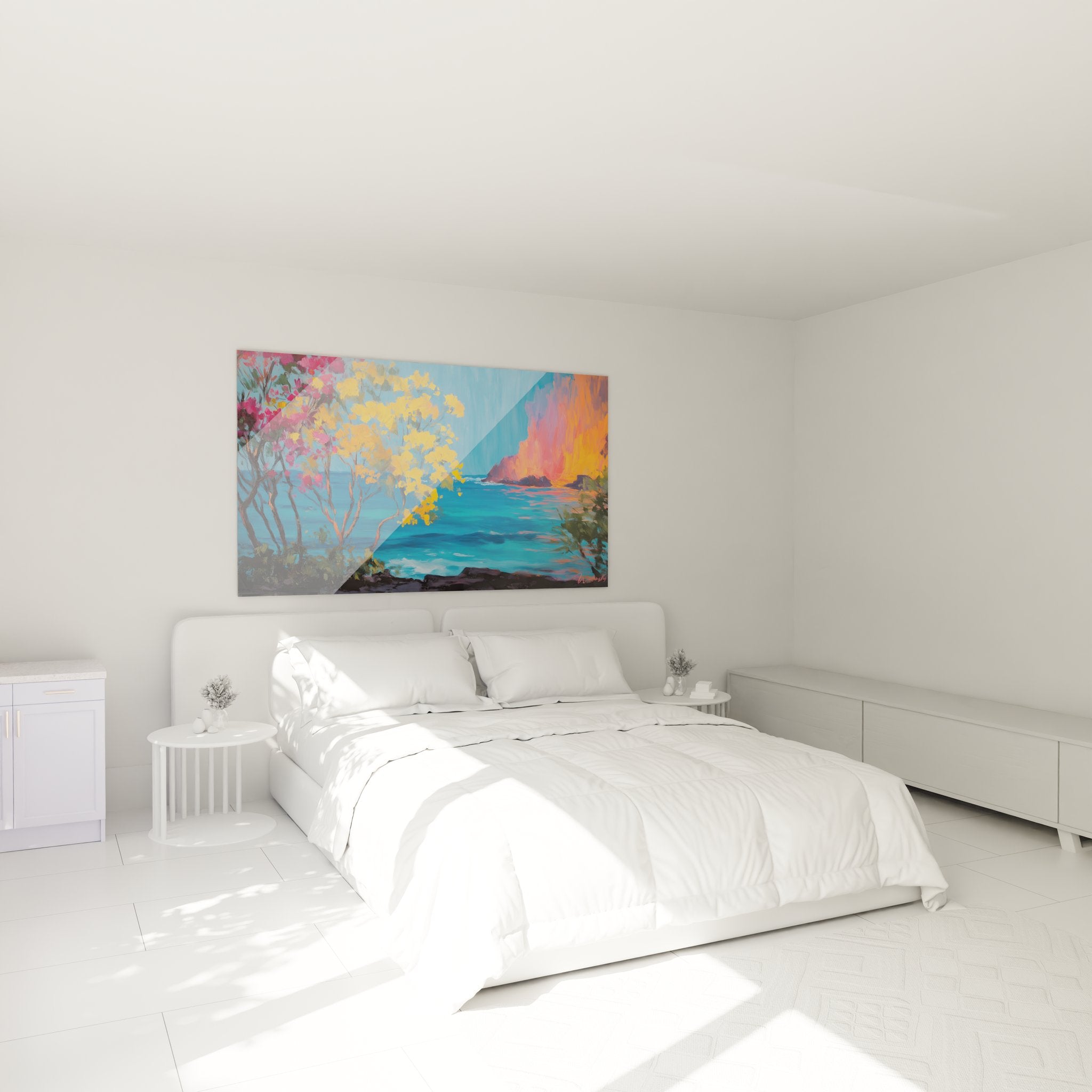 Tableau volcanique tropical décorant une chambre moderne avec paysage d'éruption colorée