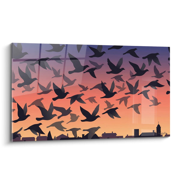 Gemälde Schwarm von Tauben in der Dämmerung auf orangefarbenem und violettem Himmel - Urbane Flucht - Edition Pigeon